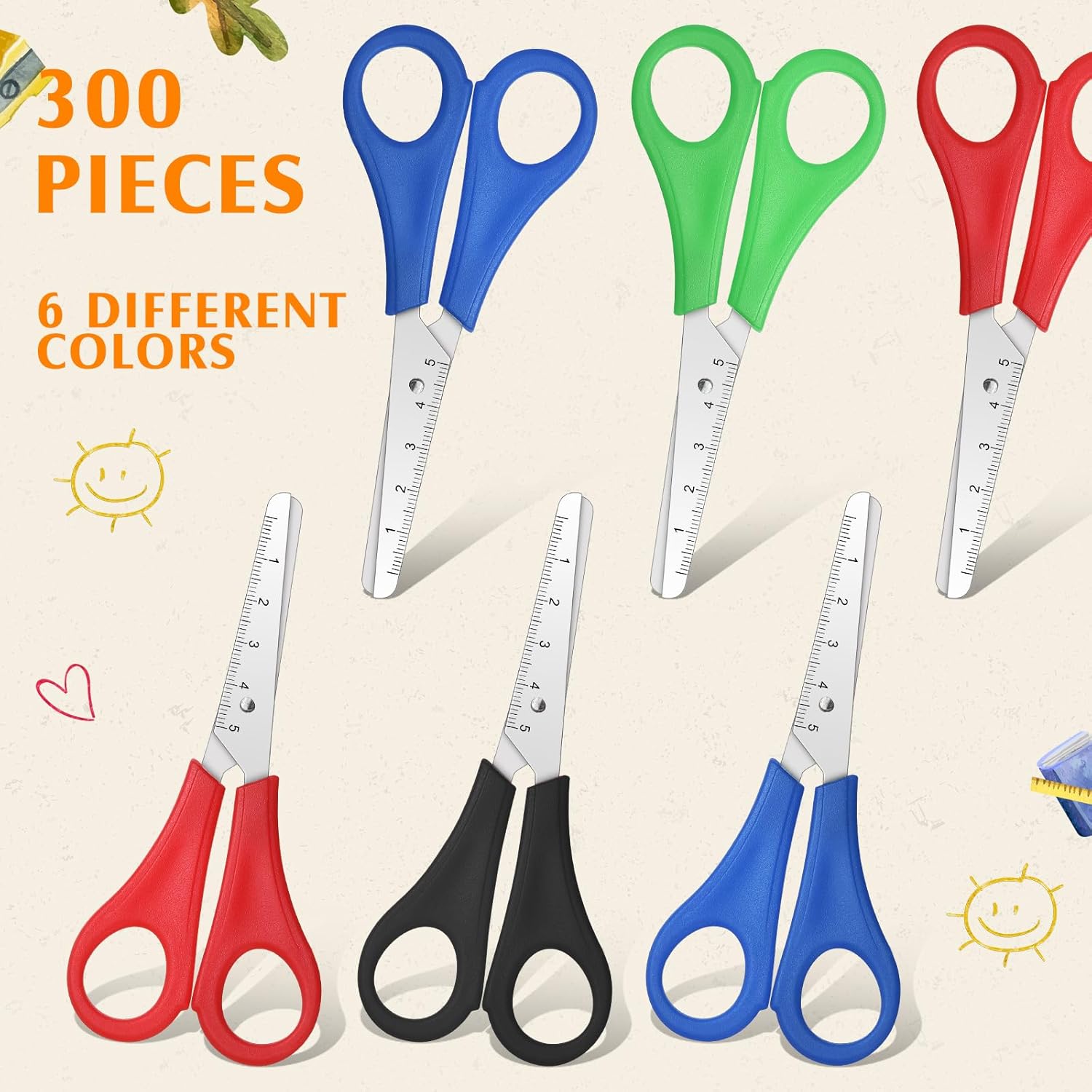300 Pack Scissors Bulk 5 Inch Blunt Tip Safety Scissors with Comfortable Grip Handles Multipurpose for Office Home Sewing Fabric Craft Supplies, 4 Color