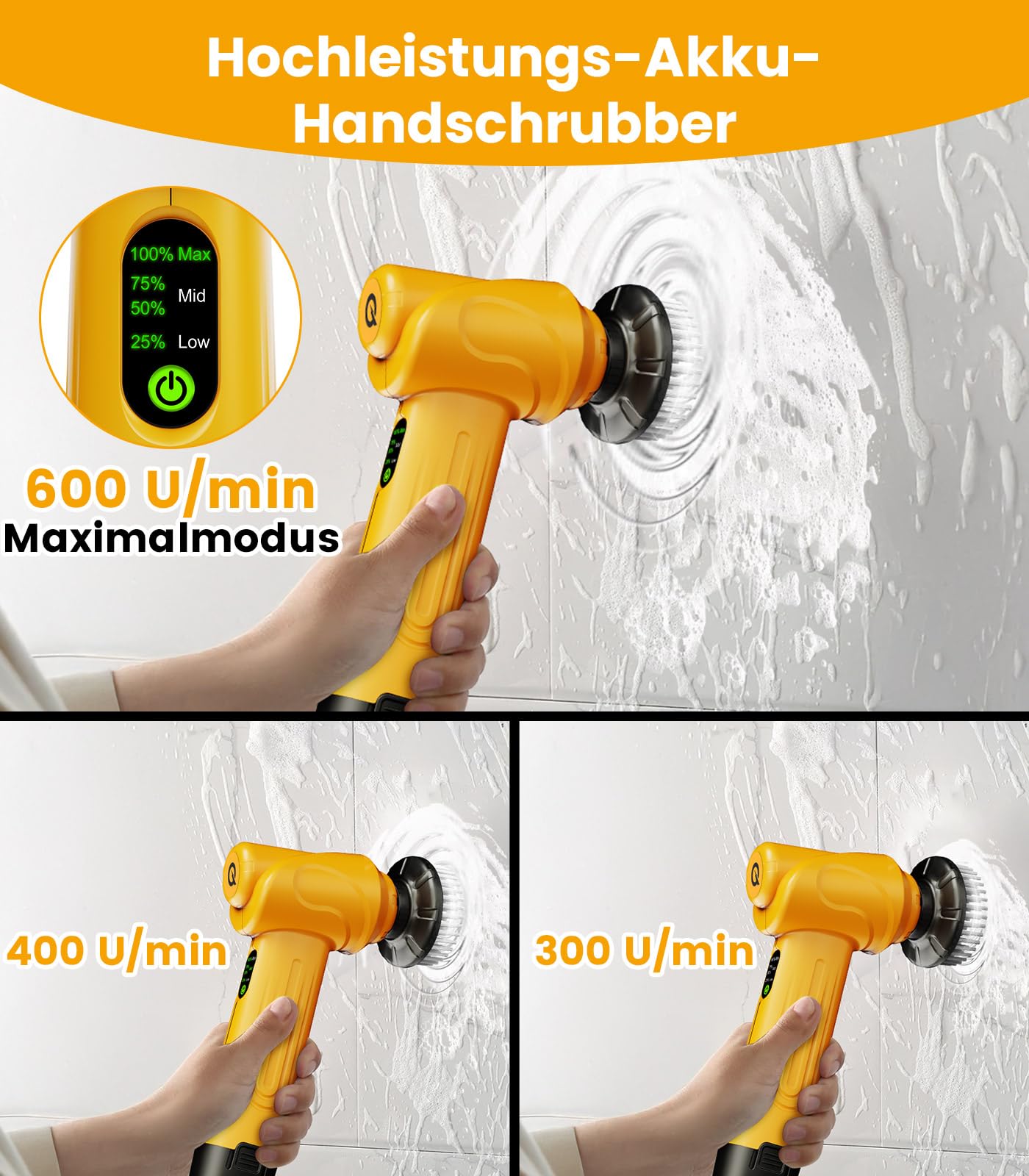 qimedo Elektrischer Reinigungsbürste, Handlich Spin schrubber mit 2 austauschbaren Akkus & 5 Bürstenköpfen, Kabellose fugenbürste Elektrisch für Küche, Spüle, Ecken, Badewanne