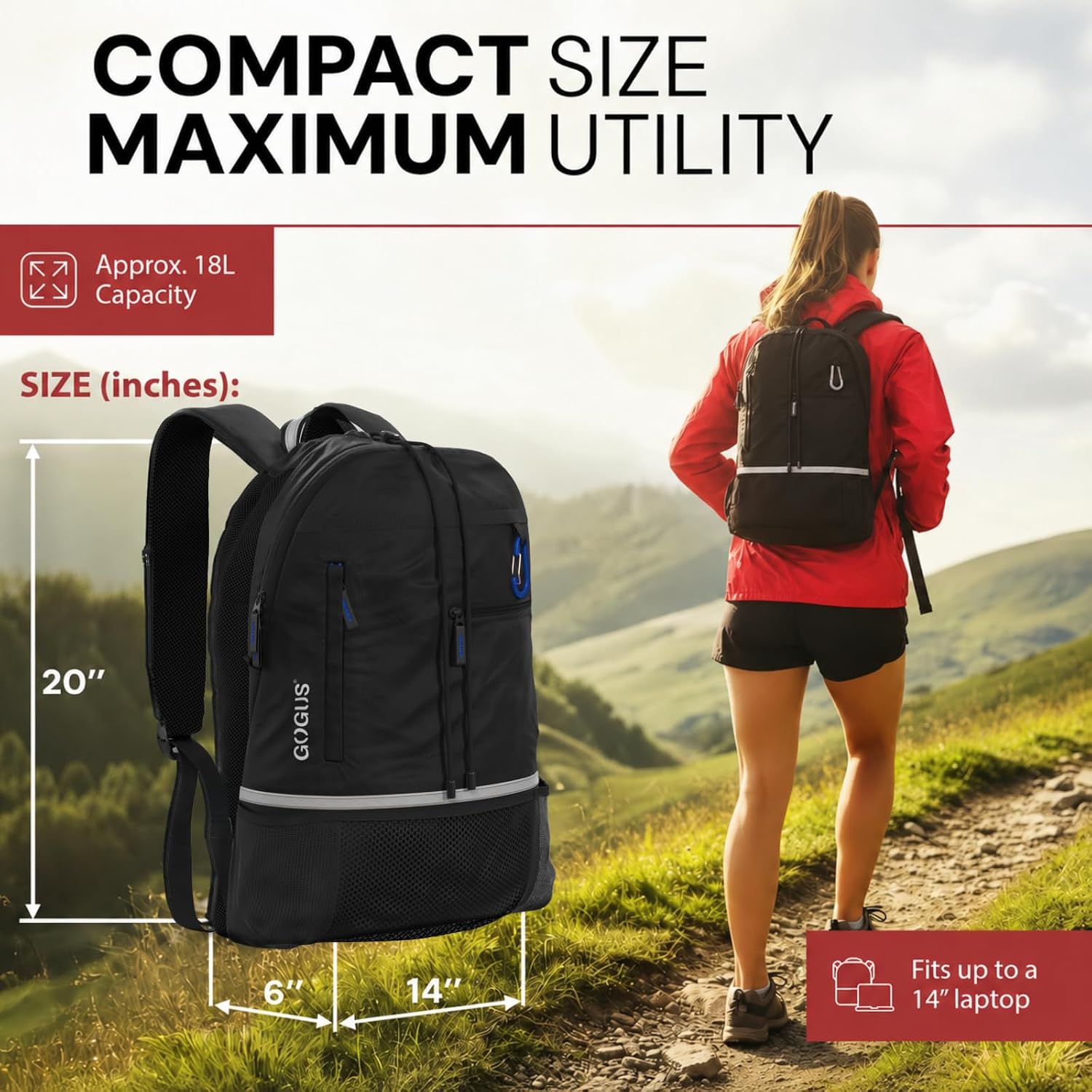 GOGUS Hybrid Gym Backpack for Men & Women - 18L Sports Backpack with Dual Water Bottle Pockets, Mesh Compartment for Gym, Travel - Water Resistant & Reflective Trim Workout Bag image 2