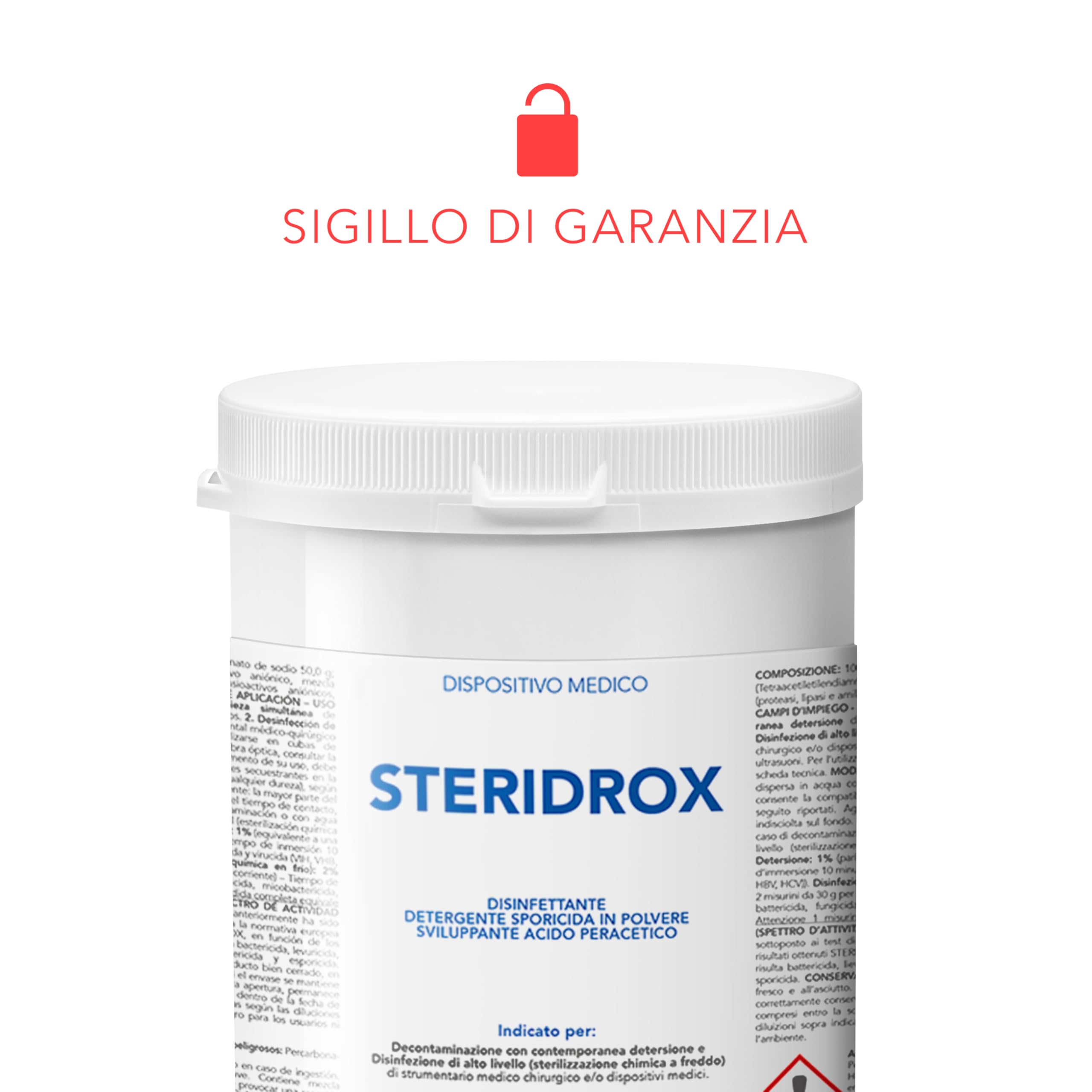 AIESI® Stérilisant à froid en poudre (1 kg) pour instruments chirurgicaux, instruments d'esthétique, dispositifs médicaux, acide peracétique STERIDROX, Détergent, Décontaminant, Made in Italy