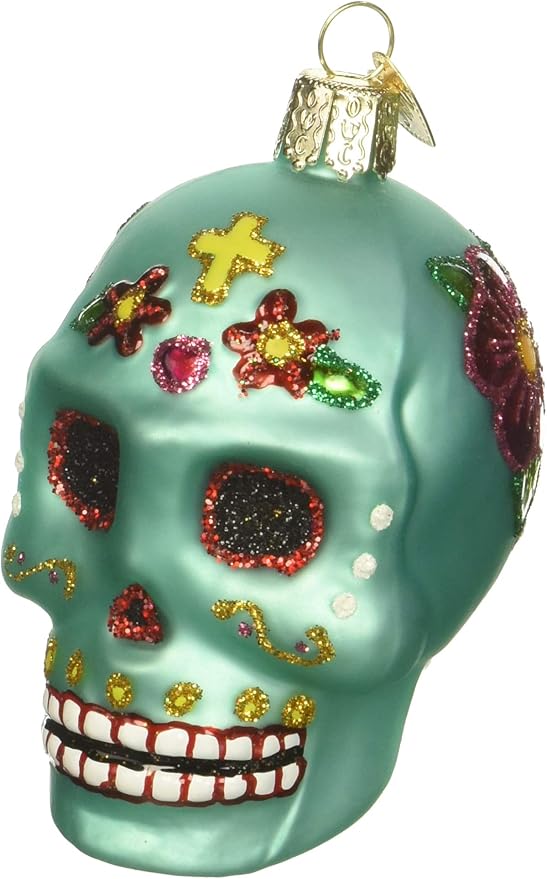Old World Christmas Day of the Dead Sugar Skull Glass Blown Ornament for Christmas Tree, Handcrafted Holiday Decoration, Day of the Dead Collection