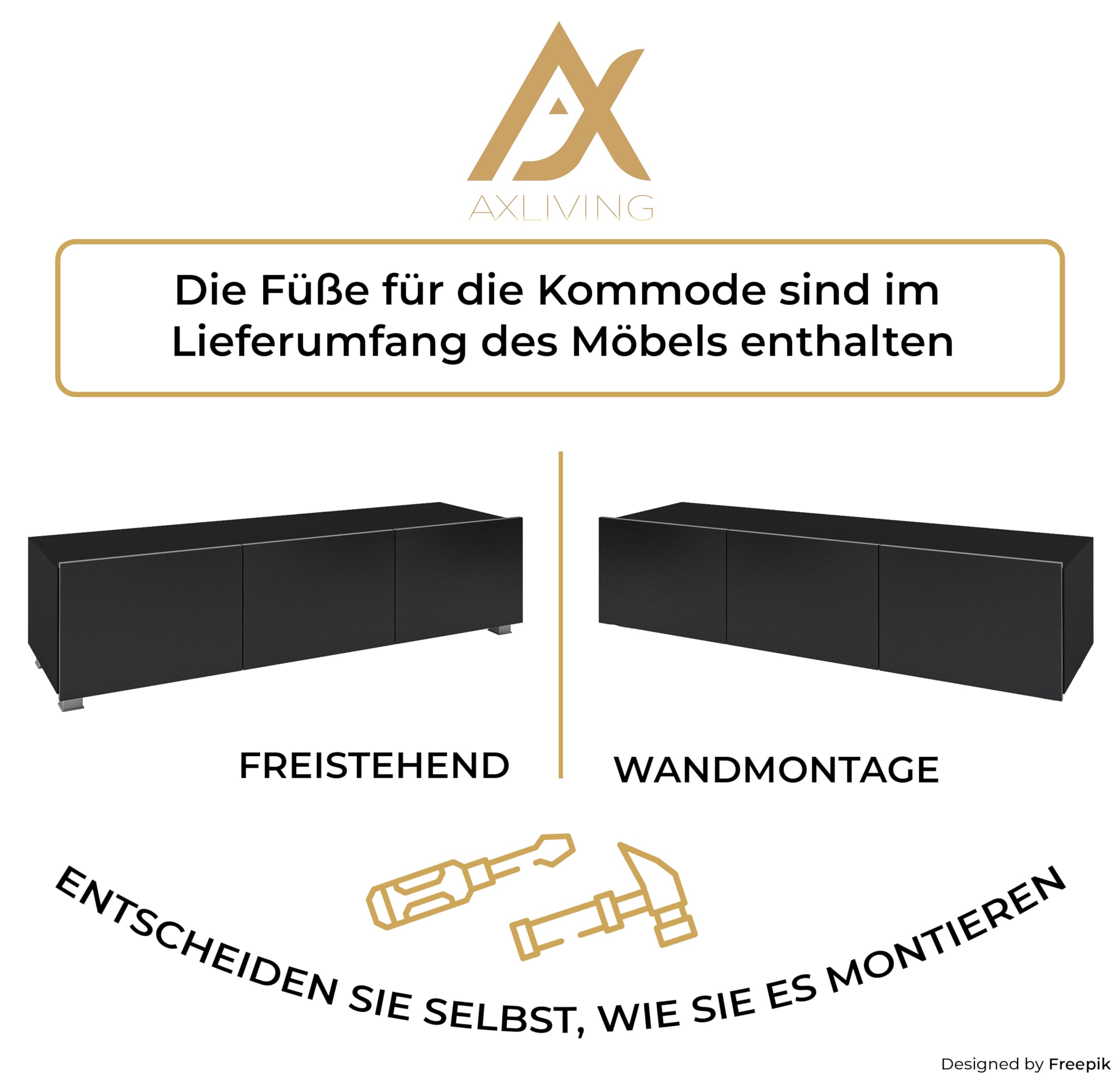 Wohnwand Modern Kossana 1 – 300cm Breite, Stilvoll Schwarz