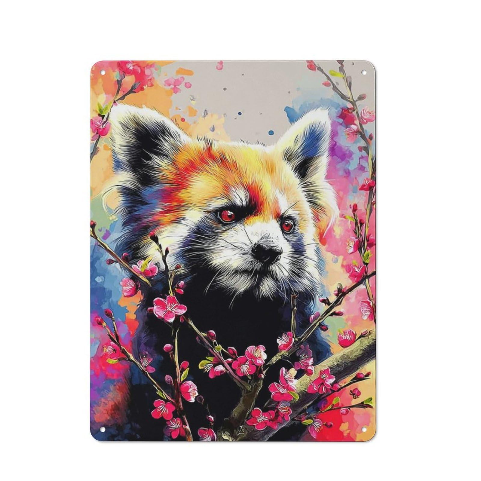 Junmoney Colorful Red Panda With Blossoms Vintage Metal Wall Sign 40X30cm For Café Or Restaurant, For Metal Sign Collectors, For Garage And Workshop Walls