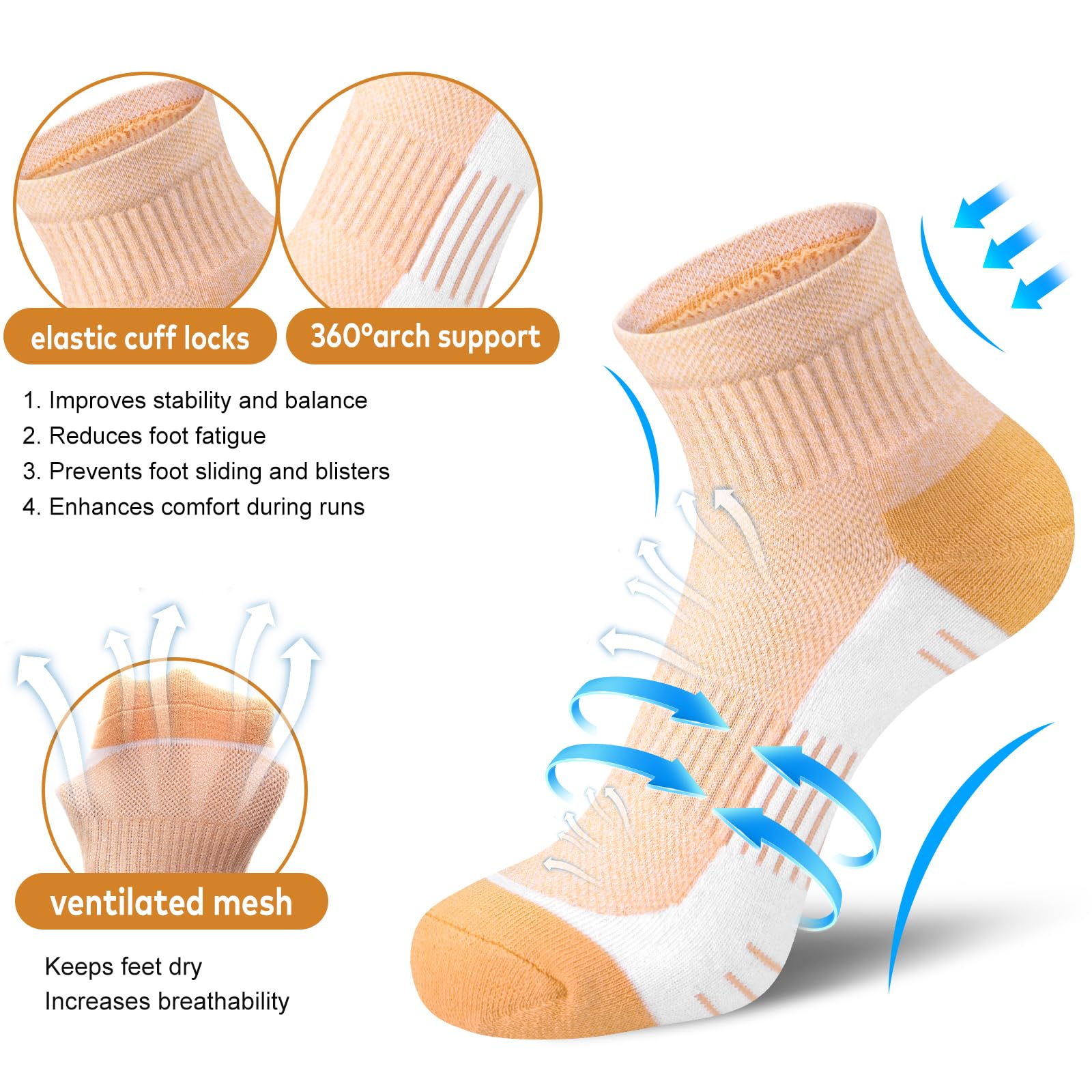 cuangya Calcetines tobilleros para mujer, atléticos, para correr, senderismo, acolchados, 5 pares