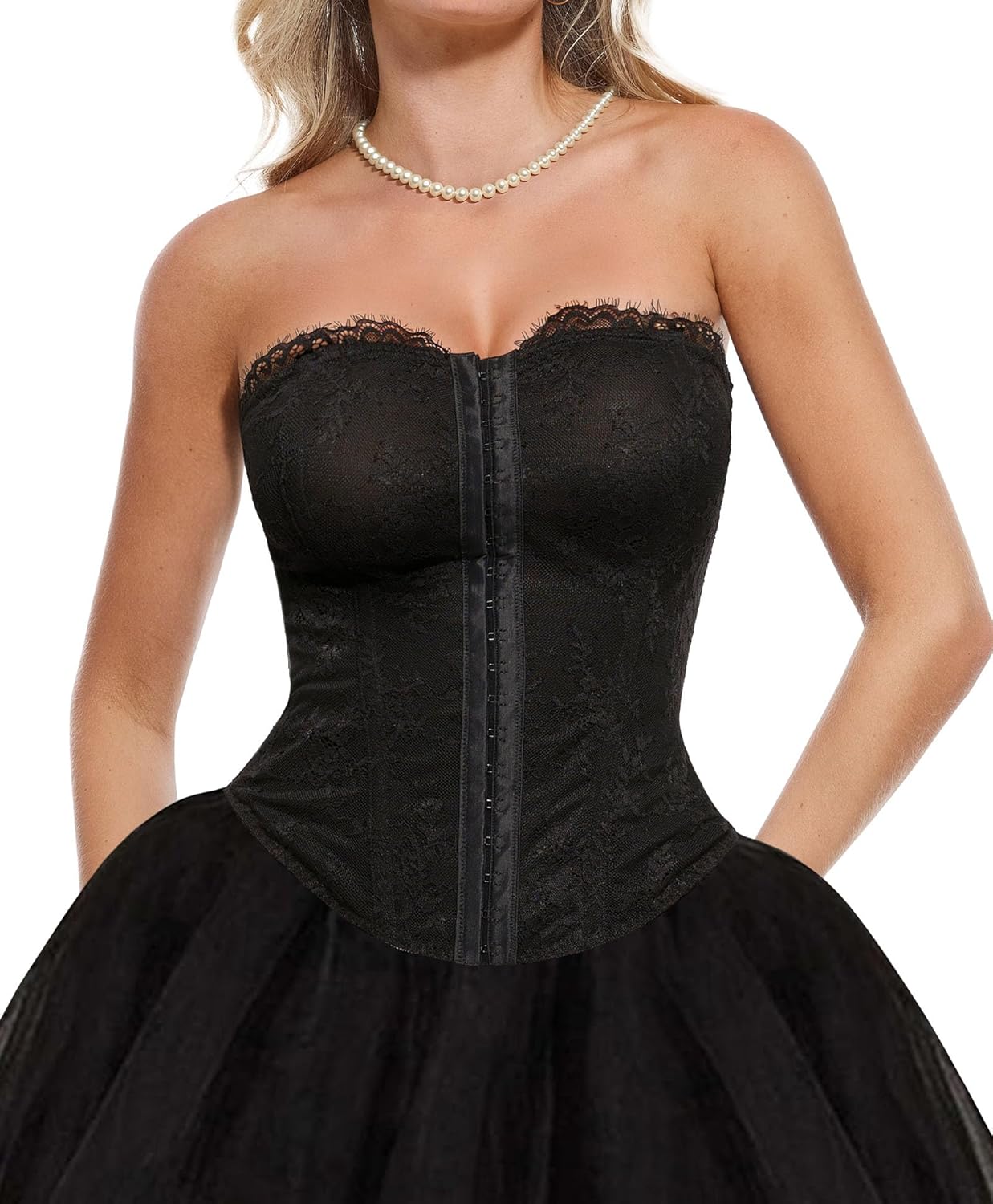 Popilush Corset Tops for Women - Shapewear Lace Top Sculpting Detachable Strap Bustier with Buckle Summer Splash