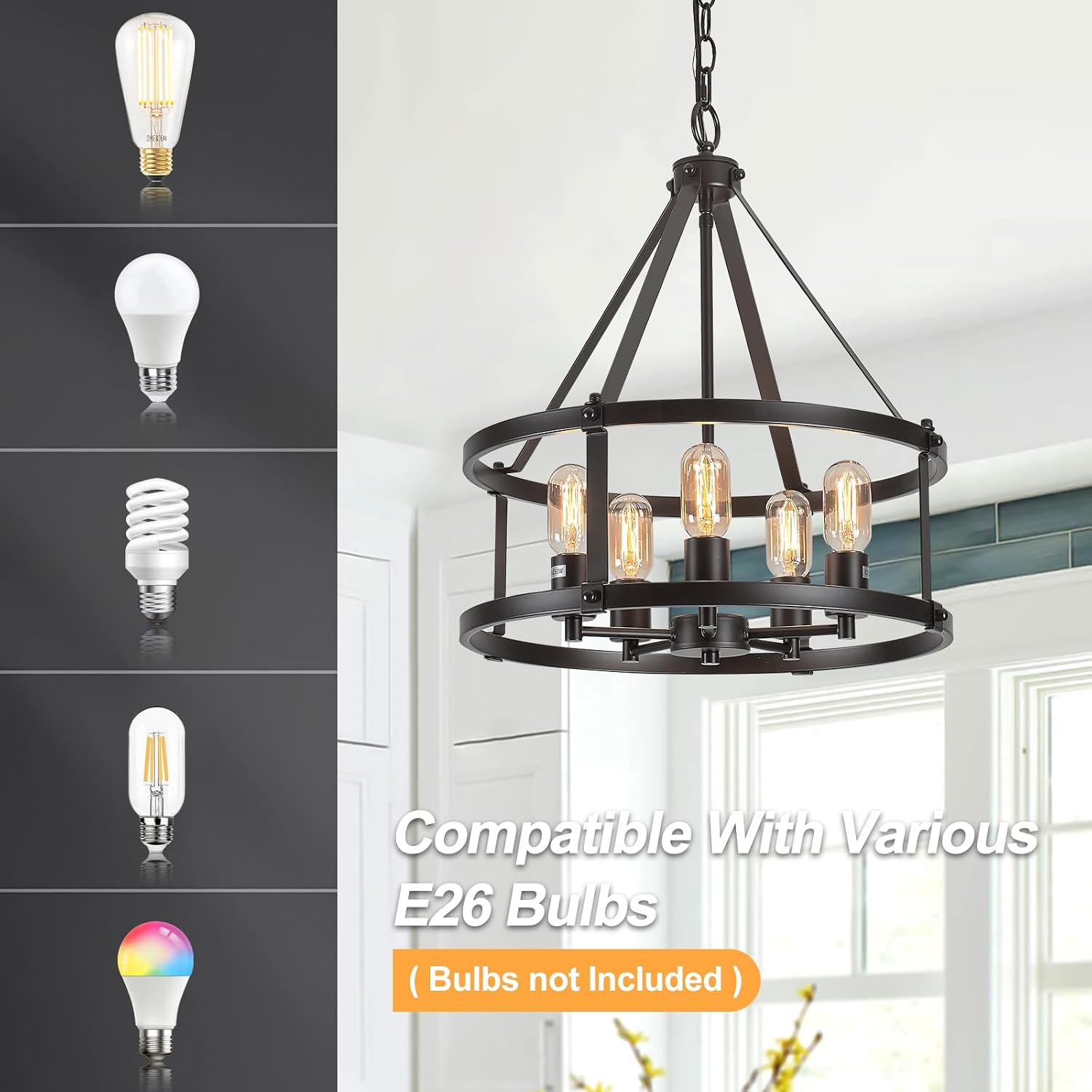 17.7''Farmhouse Black Chandelier,5-Light Adjustable Height Industrial Hanging Lights E26 Base,Rustic Drum Pendant Light for Entryway Kitchen Island Living Room Bedroom Dining Room