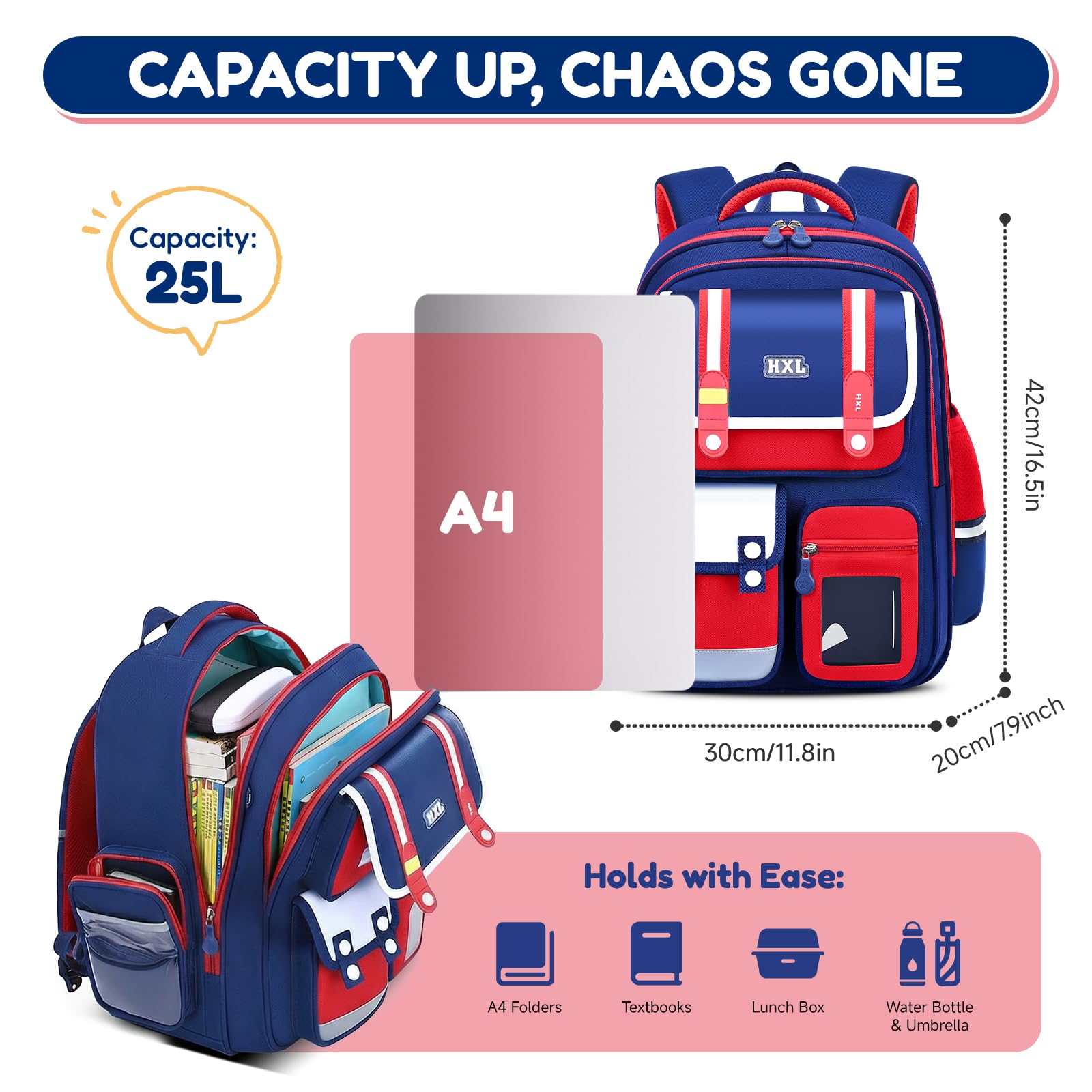 Amythe Zaino per Bambino Scuola Elementare - 25L Leggero con Schienale Ergonomico, Zaino Ragazzo 8-12 Anni Impermeabile con Elementi Rifrangenti, per Scuola, Gite e Weekend -Rosso