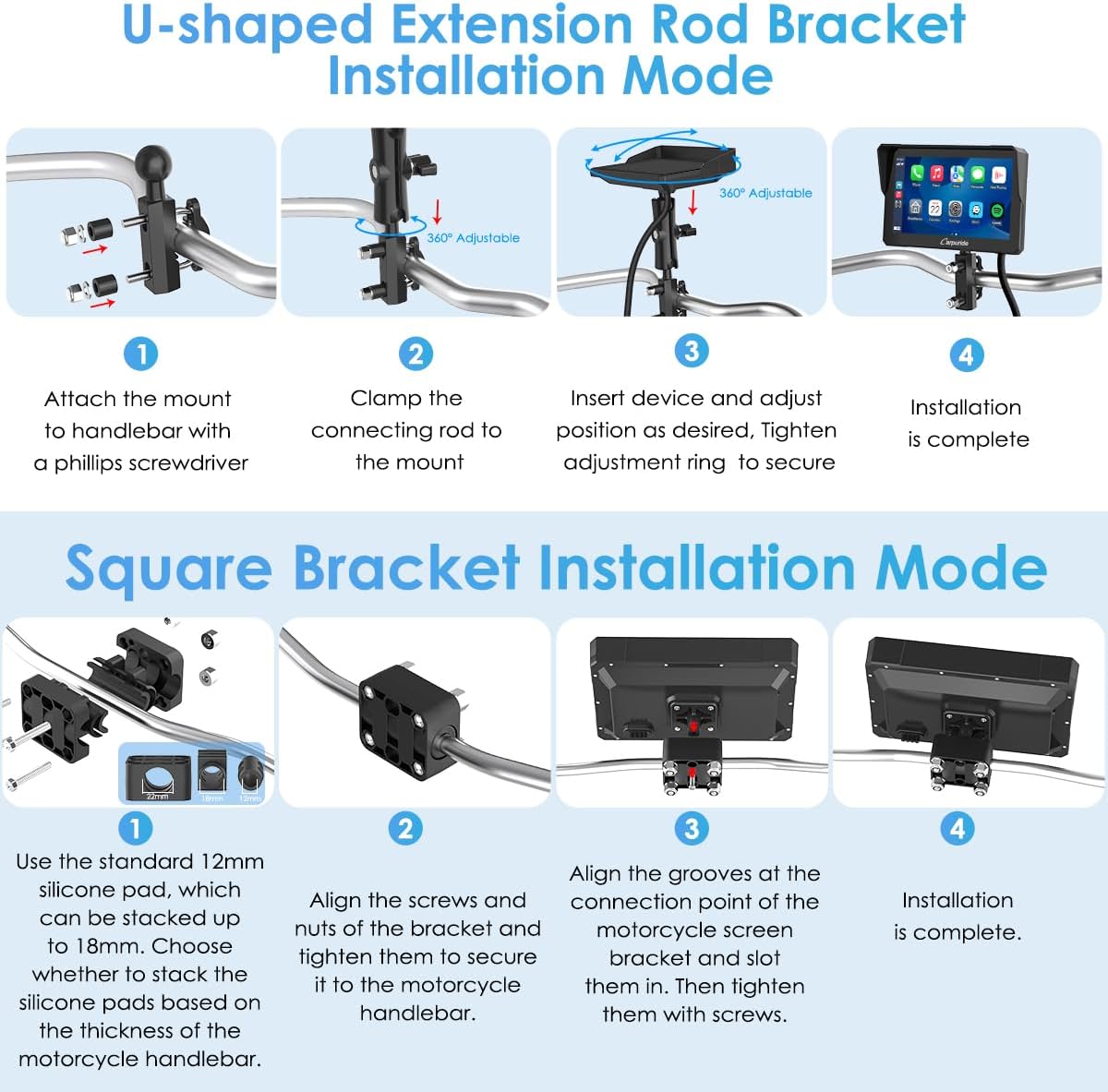 Diagram showing step-by-step installation for U-shaped and Square brackets.