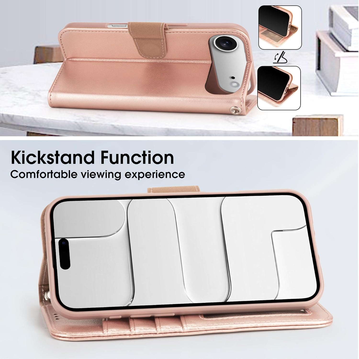 Arae Compatible with iPhone Air Case Wallet with Card Holder, Wristlet Strap Wallet Flip Cover for iPhone Air 6.5 inch Men/Women, RFID Blocking, Kickstand, Rose Gold - Image 6