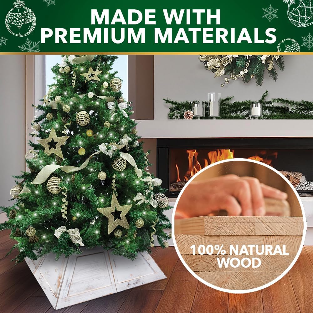 Wooden Trapezoid Christmas Tree Collar & Tree Skirt, Fits Trees Up to 10 FT with 40 Inch Max Stand, Tool Free Assembly (Antique White)