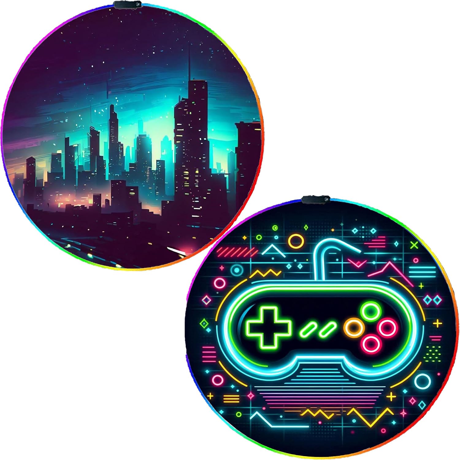 Gaming Chair Mat Circle LED RGB Gaming Lights (Retro Controller + Skyline 47”) - Noise Cancelling, Anti-Slip Gaming Floor Mat – Scratch Resistant Computer Gaming Mat for Chair