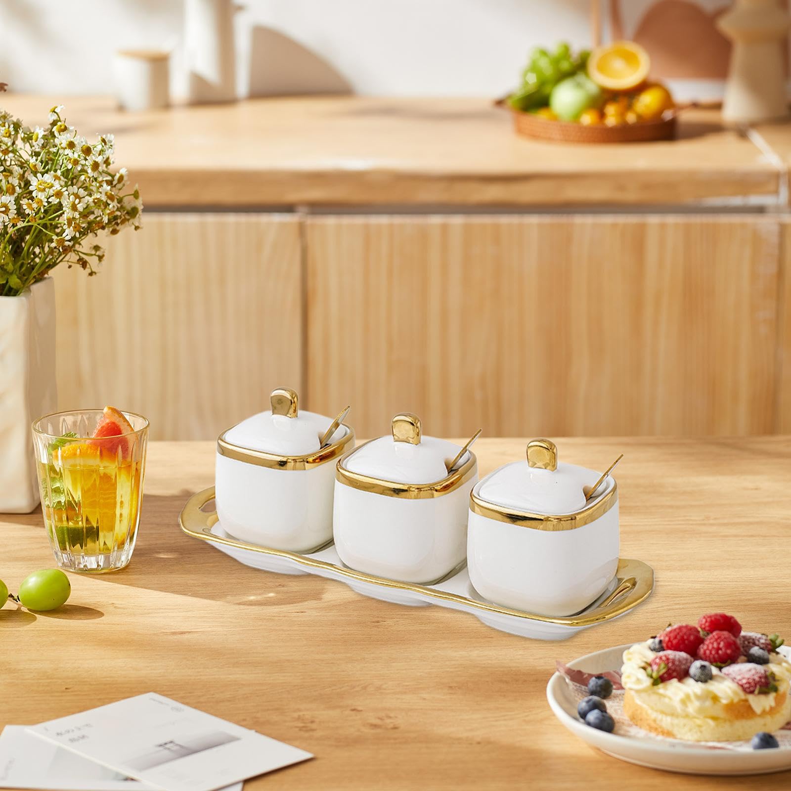 Keramik-Gewürzdosen-Set – Küchenbehälter für Zucker, Salz und Gewürze mit Löffel und Deckel – ideal für die Organisation Ihrer Gewürze