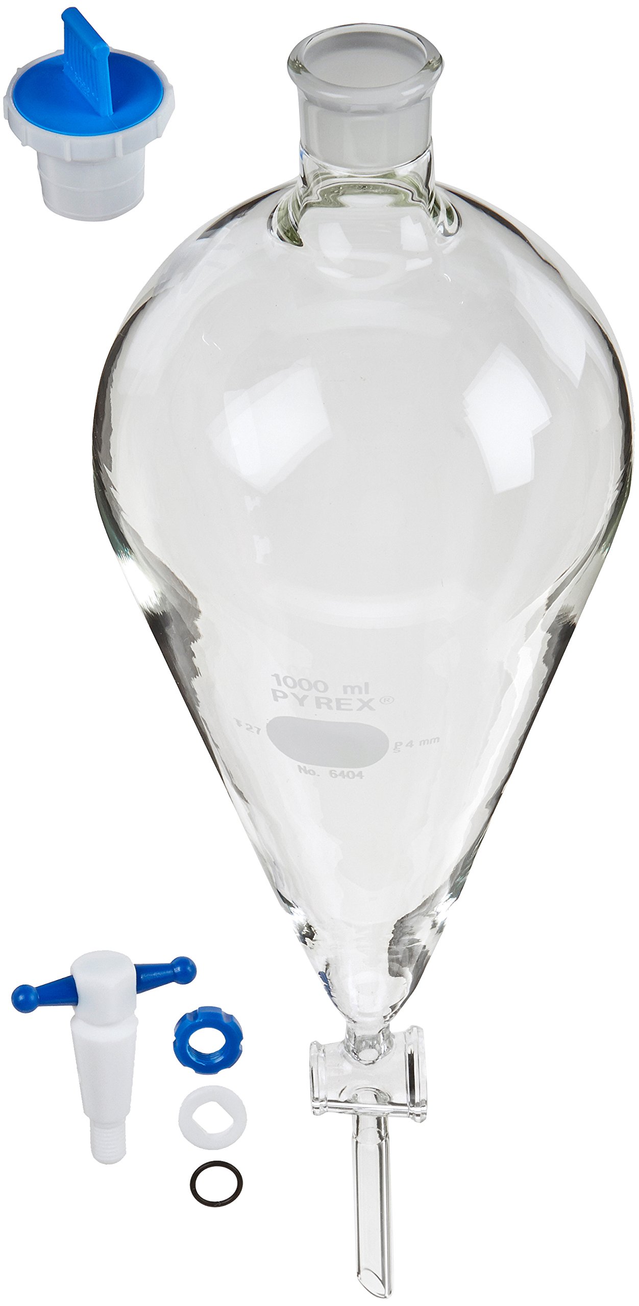 Corning Pyrex Vidrio borosilicatado Forma de Pera squibb vaina Embudo Con polietileno estándar Taper Tope y PTFE estándar Llave, 1000ml Capacity, 1