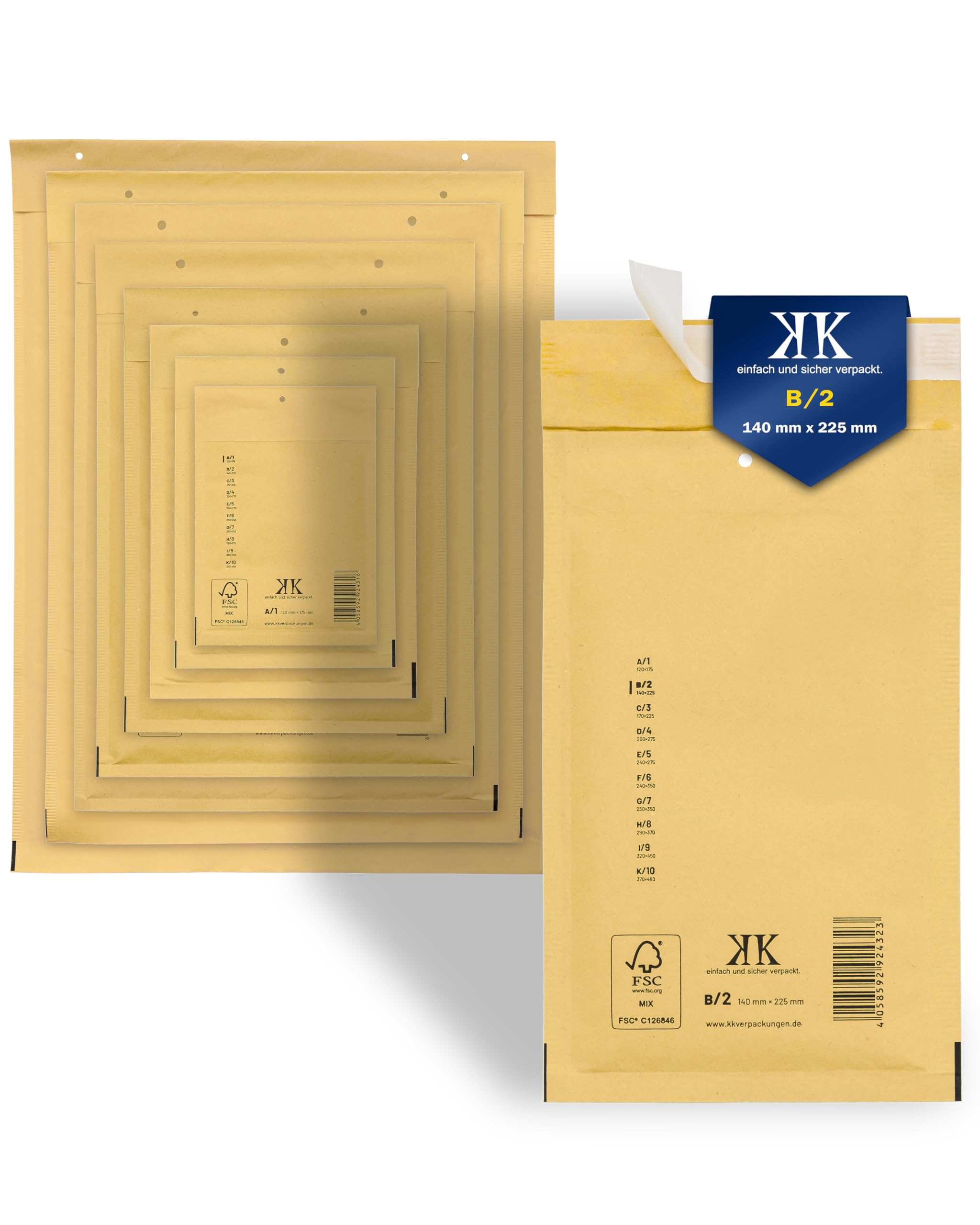 KK Verpackungen 600x Luftpolster-Versandtaschen B2 B/2 140 x 225 mm (Außenmaß) in Braun | Luftpolsterumschläge Luftpolstertaschen selbstklebend