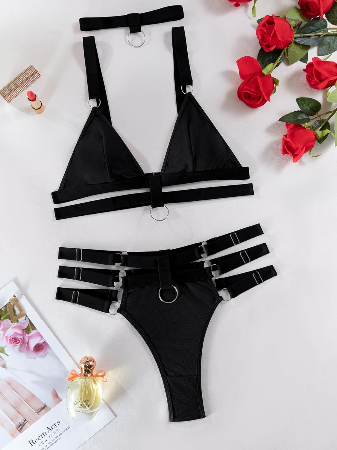 Lilosy Sexy Wireless Choker O Ring Linked Strappy Harness Lingerie Set Outfits 3 Piece - Image 6