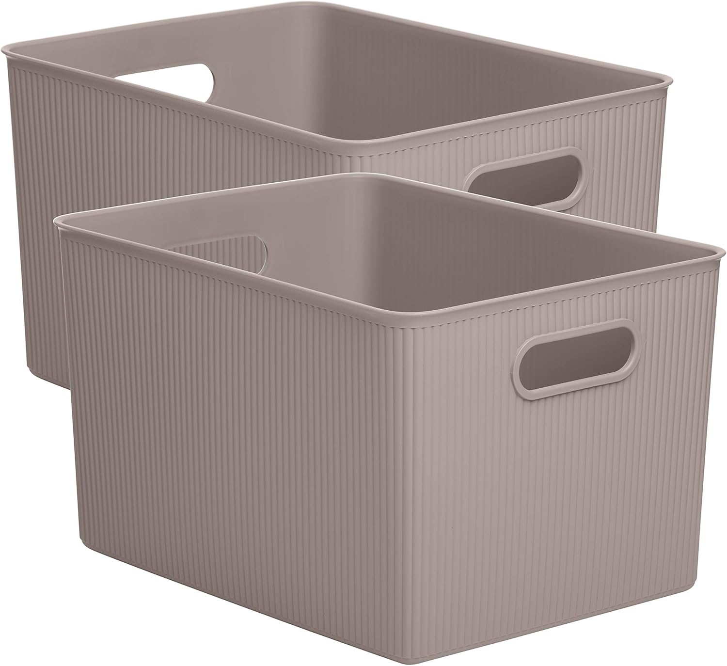 Decorative Plastic Basket Open Home Storage Bins Organizer, Large Taupe (2 Pack) Container Boxes for Organizing Closet Storage Bins for Shelves Drawer Shelf - Ribbed Collection 15 Liter/16 Quart