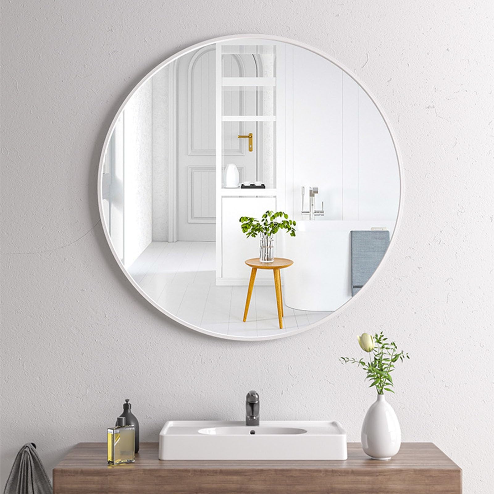 Okrągłe lustro ścienne z aluminiową ramą, dekoracyjne lustro 50 cm, do przedpokoju, łazienki, sypialni, salonu, przedpokoju, srebrno-białe, stylowa dekoracja domu