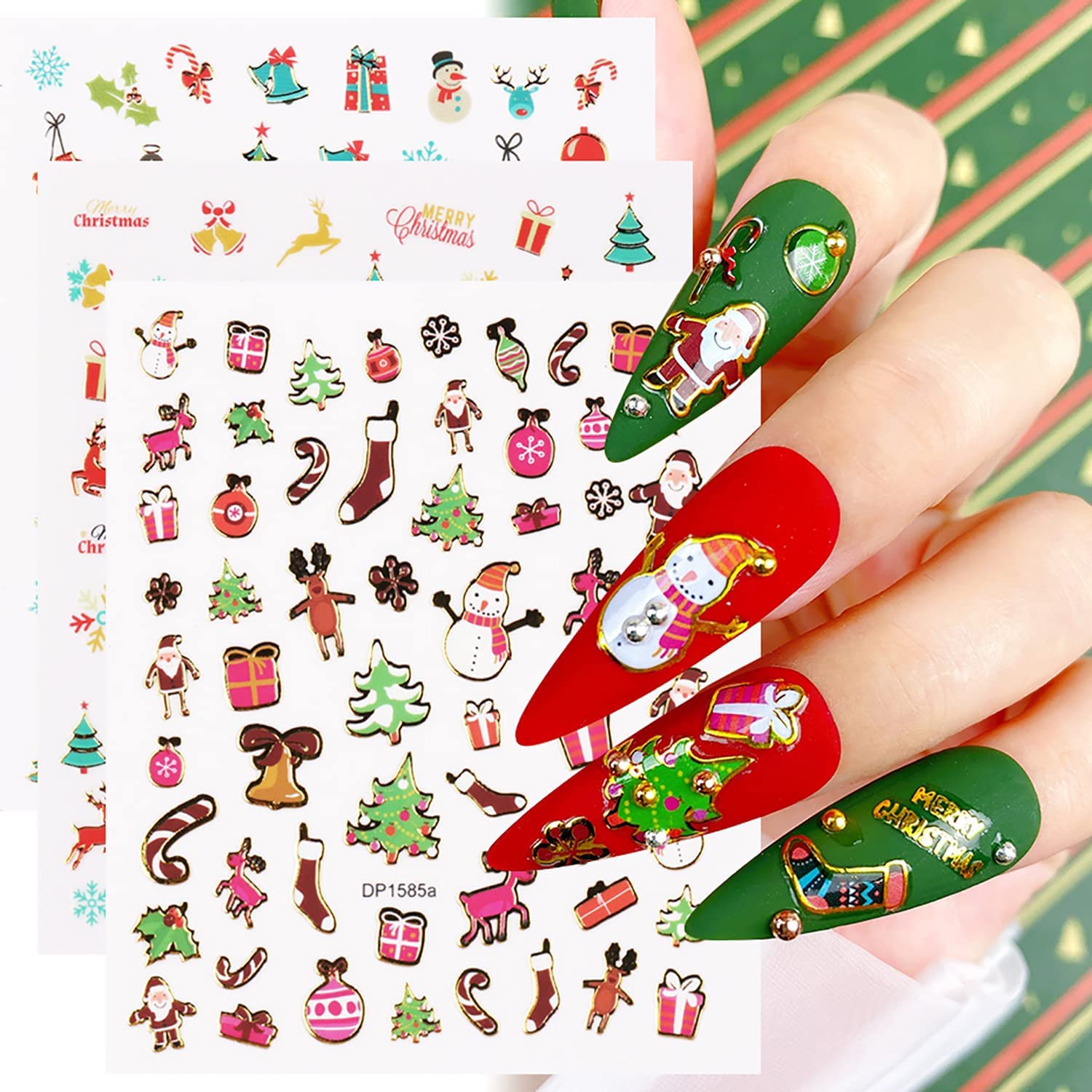 Christmas Nail Art Stickers Decals 3D Self-Adhesive Xmas Nail Art Supplies Winter Colorful Candy Bell Reindeer Nail Stickers Design New Year Manicure DIY Nail Decoration for Women Girls