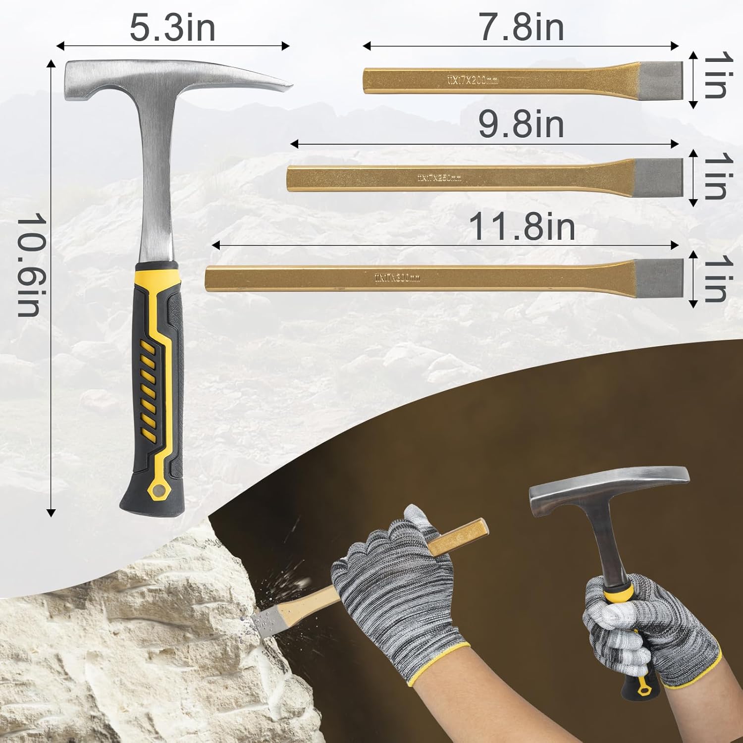 40PCS Geology Rock Pick Hammer Kit, Gold Mining & Prospecting Equipment Tool, Hammer, 3 PCS Digging Chisels Set, Shovel, Wooden Chisel, Magnifying Glass, Whistle, Goggles, flocked bags, compass