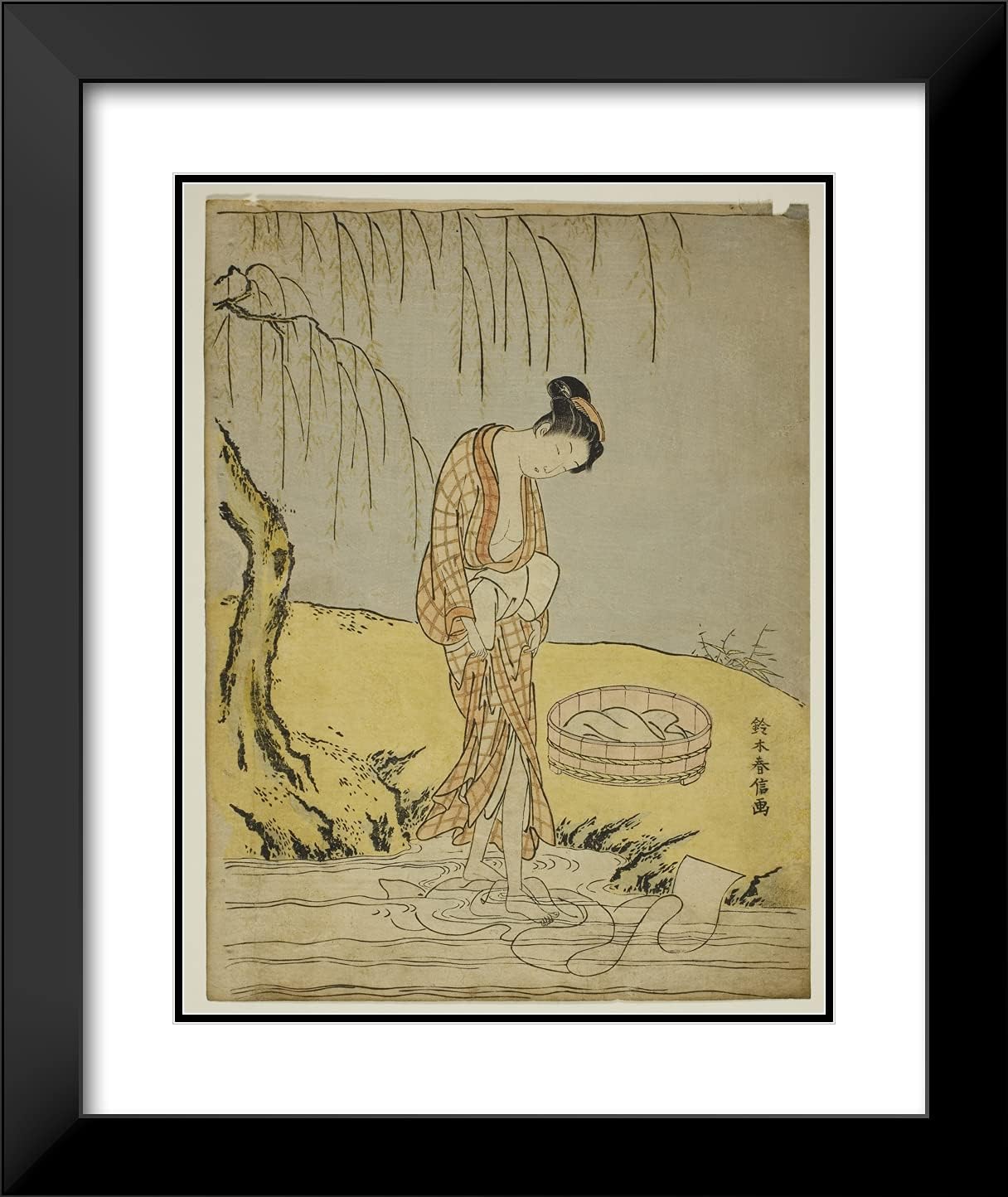 ArtDirect Suzuki Harunobu 20x24 Black Modern Framed and Double Matted Art Print Titled Washing Cloth in a Stream