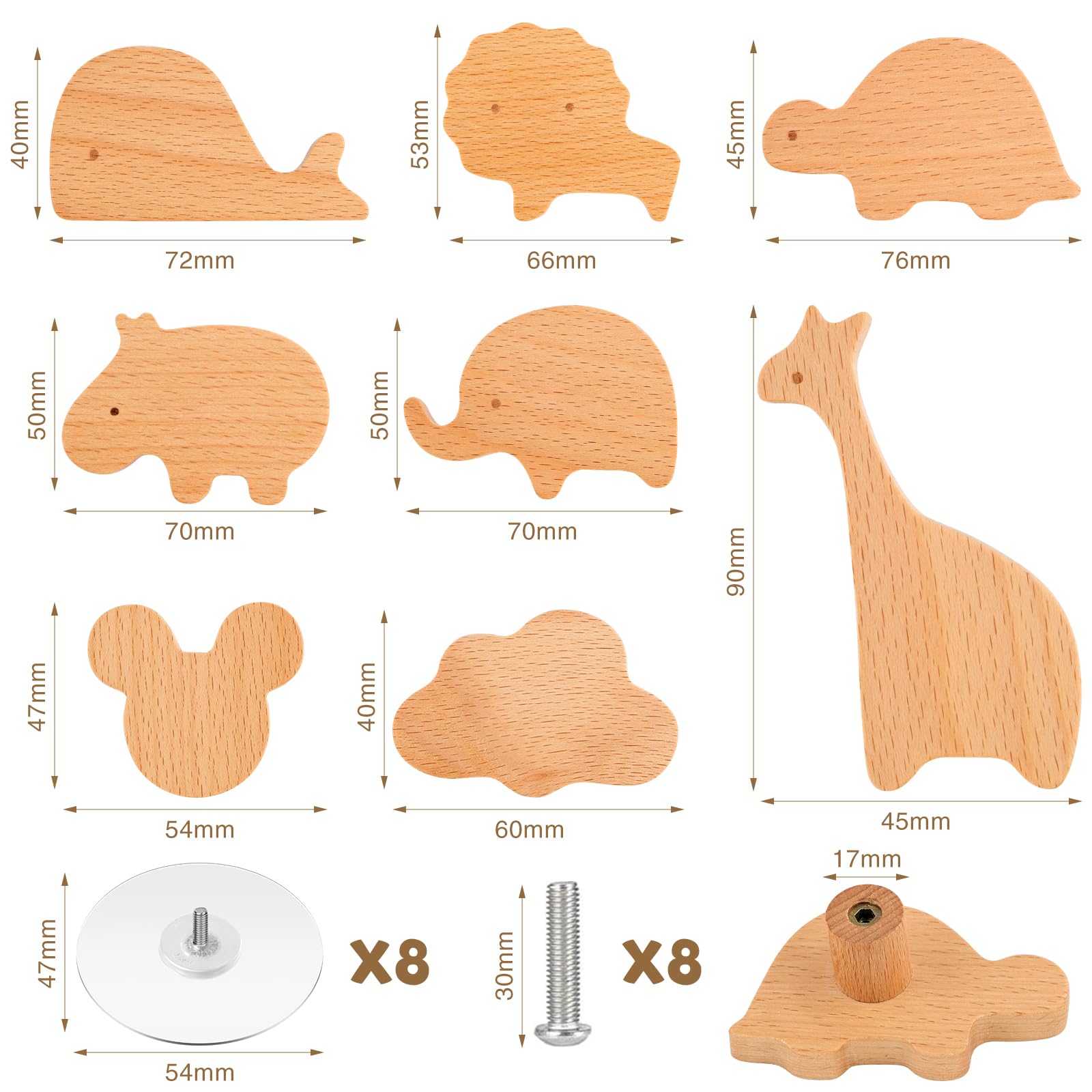 WuGU Maniglie per Mobili in Legno, 8 Pezzi a Forma di Animale per Armadi e Cassetti