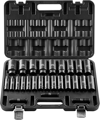 Miniatura 89 de VEVOR Juego de dados de impacto de 3/4 pulgadas, 29 piezas, enchufes de 6 puntos, construcción resistente, CR-M0, juego de llaves de vaso de 3/4