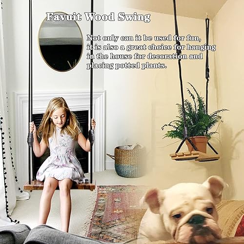 Miniatura 8 de Favuit Asiento de columpio de madera, columpio colgante de árbol para adultos y niños, juego de columpios de madera para exteriores, accesorios con