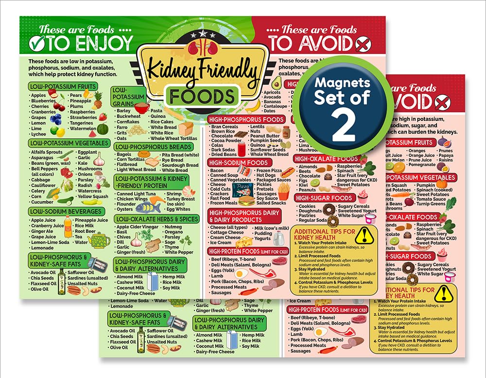Magnetic 8.5x11 Kidney-Friendly Foods Poster – Visual Renal Diet Chart, Nutrition Reference, Safe Meal Planner – Strong Waterproof Fridge Magnet for Kidney Support and Health Food Guide (Set of 2)