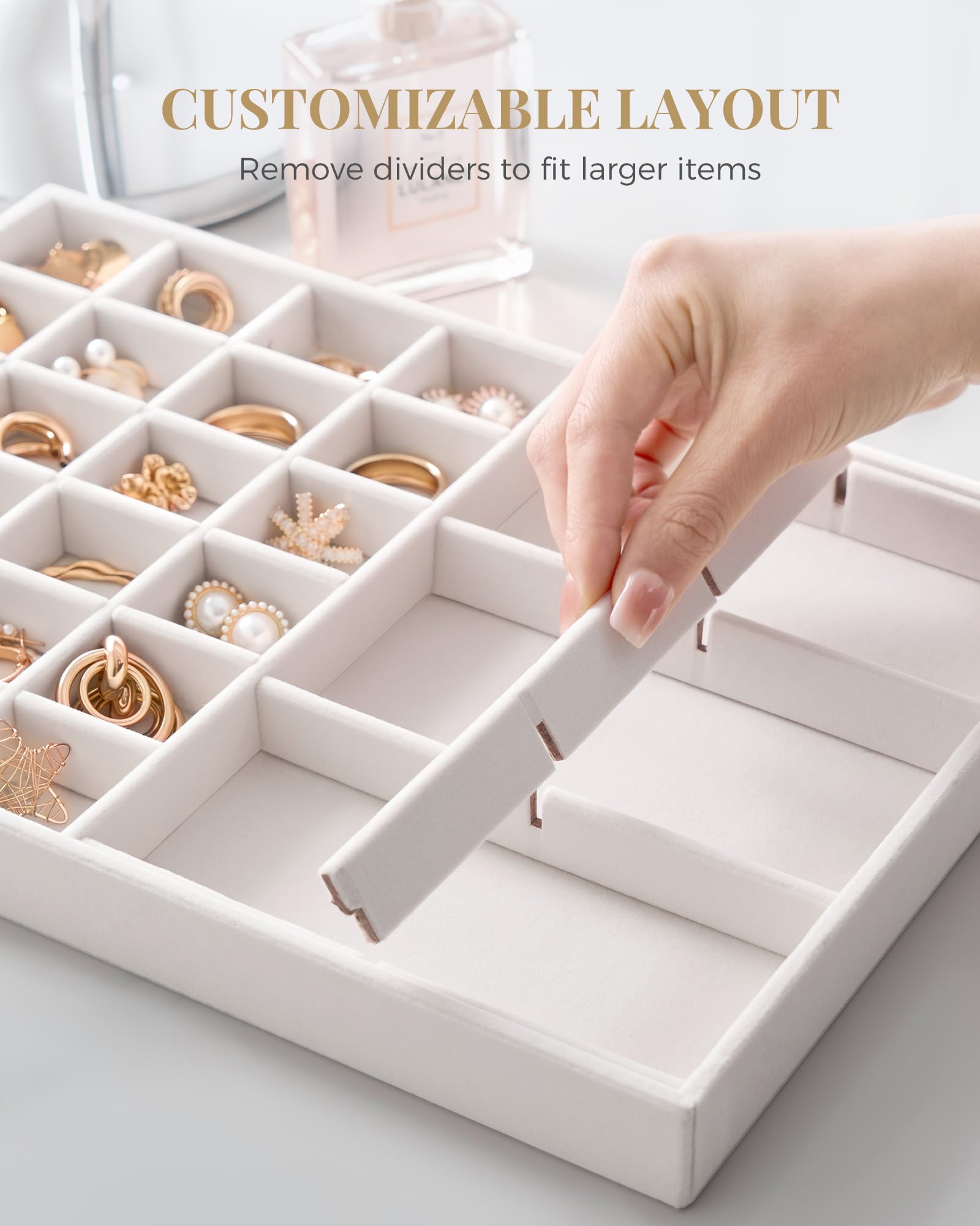 Lolalet Insertos para Cajón de Joyas, Bandejas Apilables de Terciopelo, Juego de Organizadores y Expositores para Collares, Pulseras, Aretes, Anillos, Cadenas, Brazaletes, Relojes - Beige, Juego de 2 — view 6