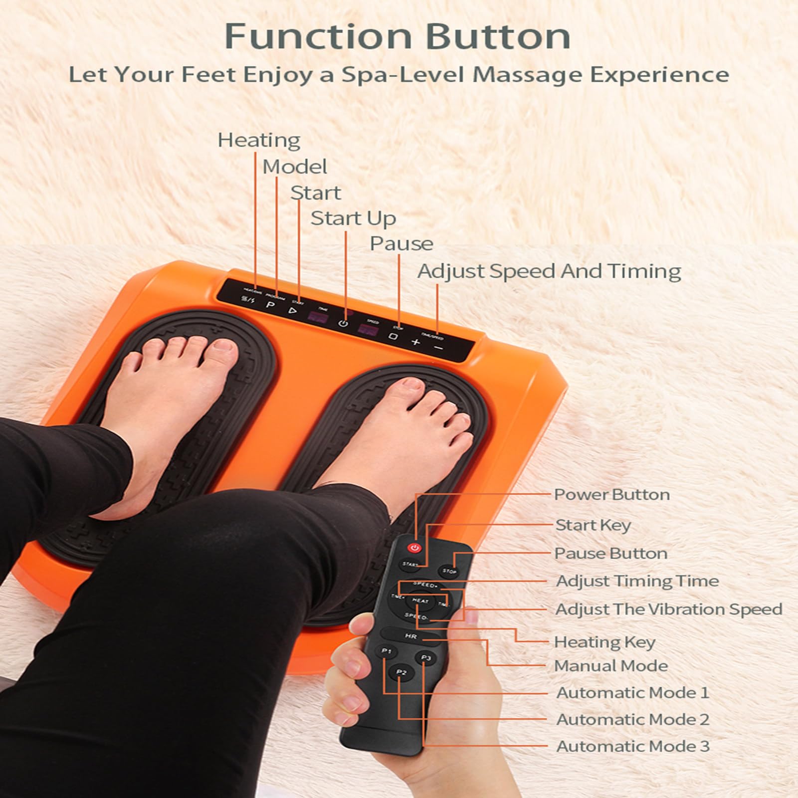 RIDAEX Masajeador de pies con Control Remoto, compresa Caliente para pies, máquina de Terapia de pies infrarroja, masajeador de pies, 5 Modos y Ajuste de 10 velocidades,Orange
