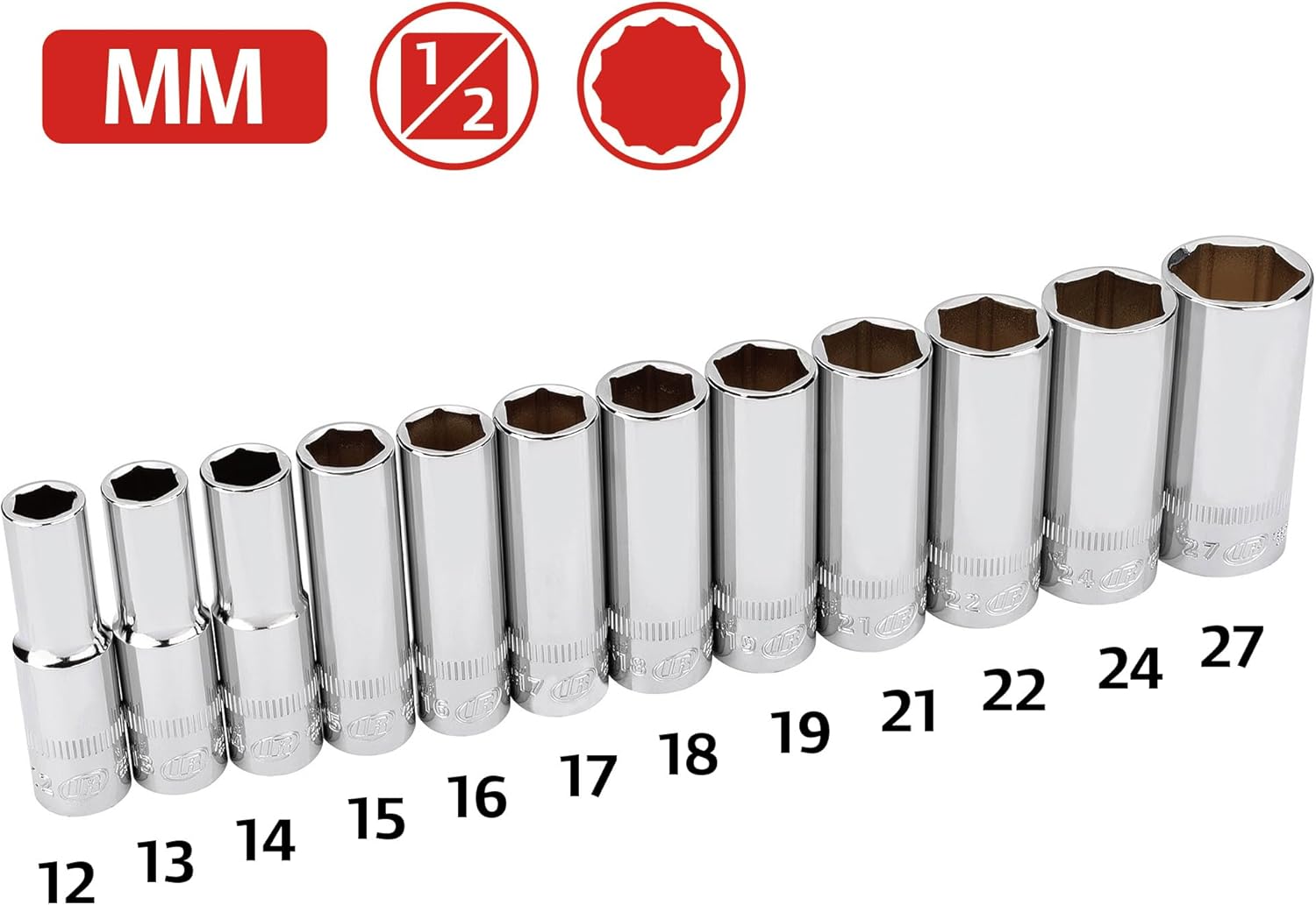 Ingersoll Rand 12-Piece 1/2-Inch Drive Metric Deep Socket Set, Sizes 12mm to 27mm, 6-Point, Chrome Vanadium Steel, Mirror-Polished Finish, Includes Storage Case - 752053