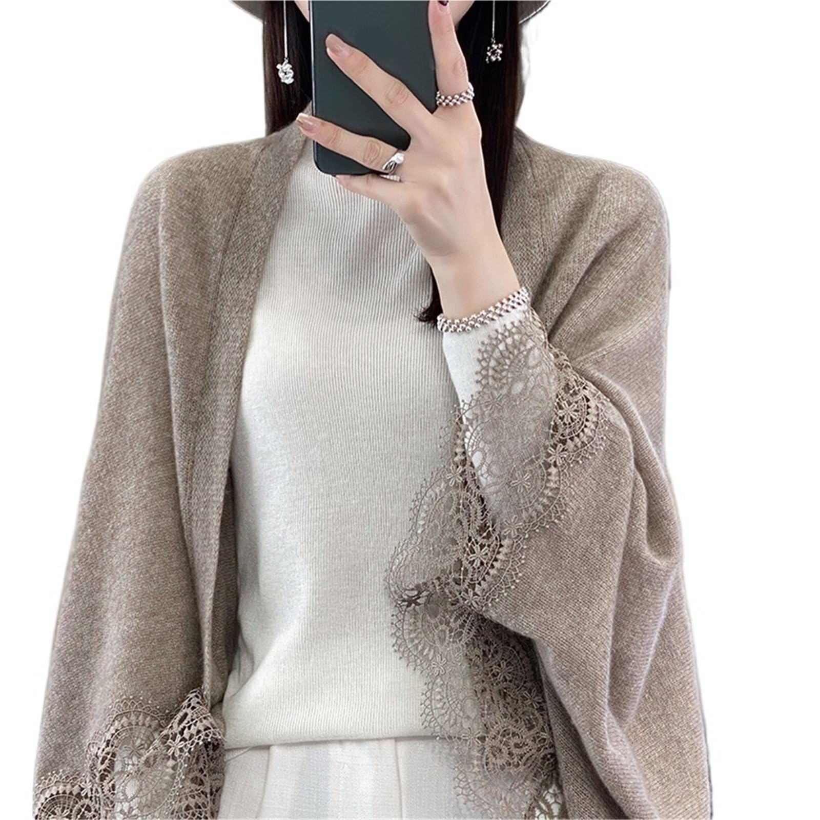 Scialle Donna Scialle Lavorato a Maglia in Lana con Bordo in Pizzo Primavera Autunno Cardigan Sottile da Donna Morbido, Delicato sulla Pelle, Traspirante e alla Moda(Brown)