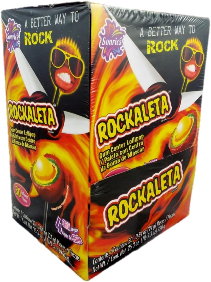 Sonrics Rockaleta Lollipop Chili Layered with Gum Center -,1.9 Pounds 30 Ct. Case