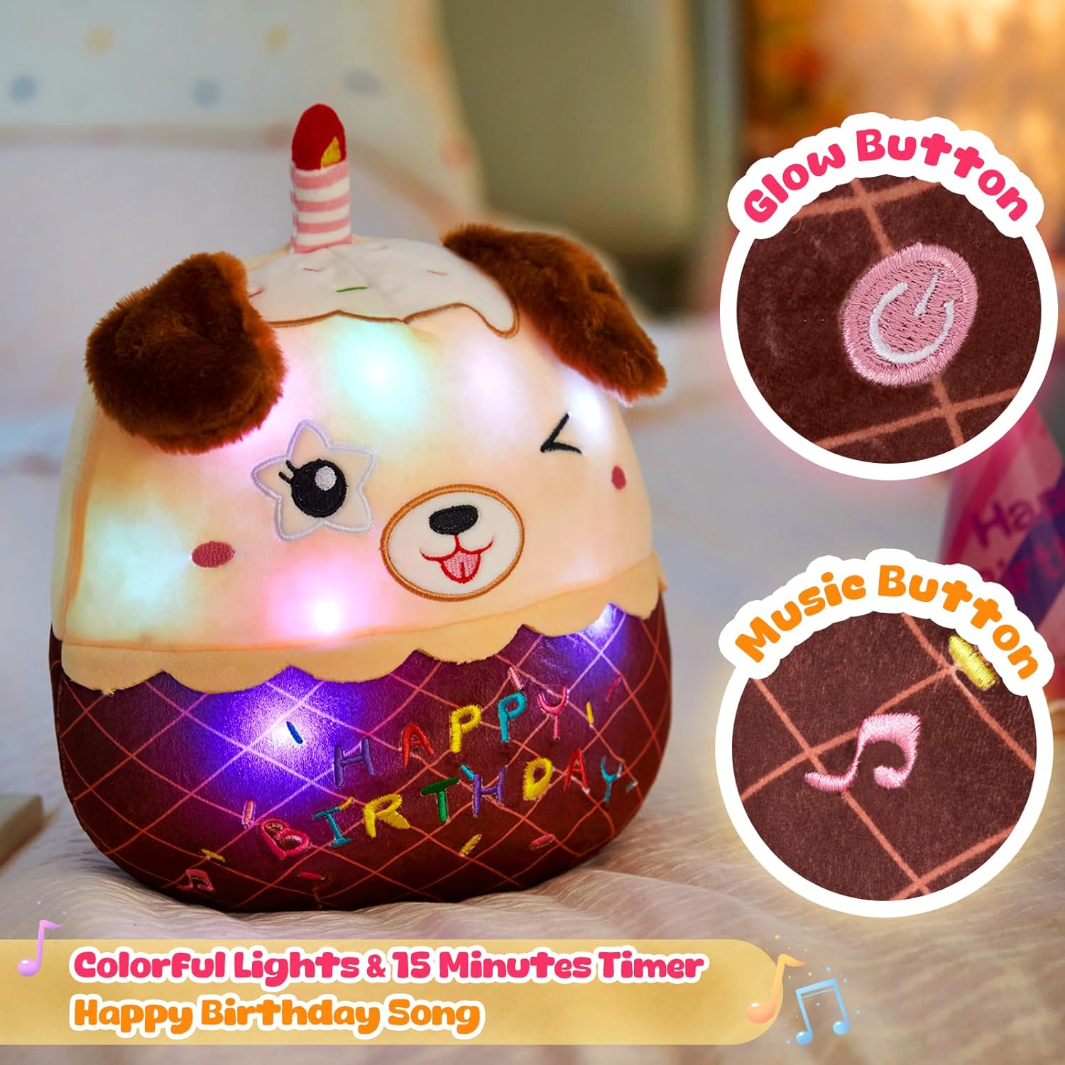 Light Up Music Dog Birthday Cake Plush Puppy Stuffed Animals Original Wink Dog Plushie with Colorful LED Lights Glowing Singing Happy Birthday Gift for Girl Boy 14"