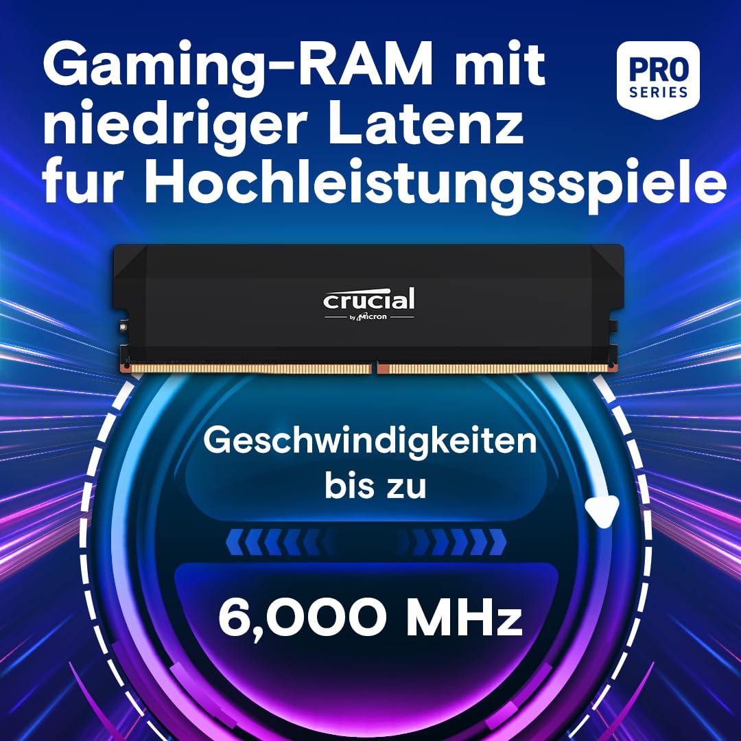 Crucial Pro DDR5 RAM 32GB Kit (2x16GB) 6000MHz CL36, Overclocking Gaming, Intel XMP 3.0 / AMD Expo, PC Computer Arbeitsspeicher, Schwarz - CP2K16G60C36U5B