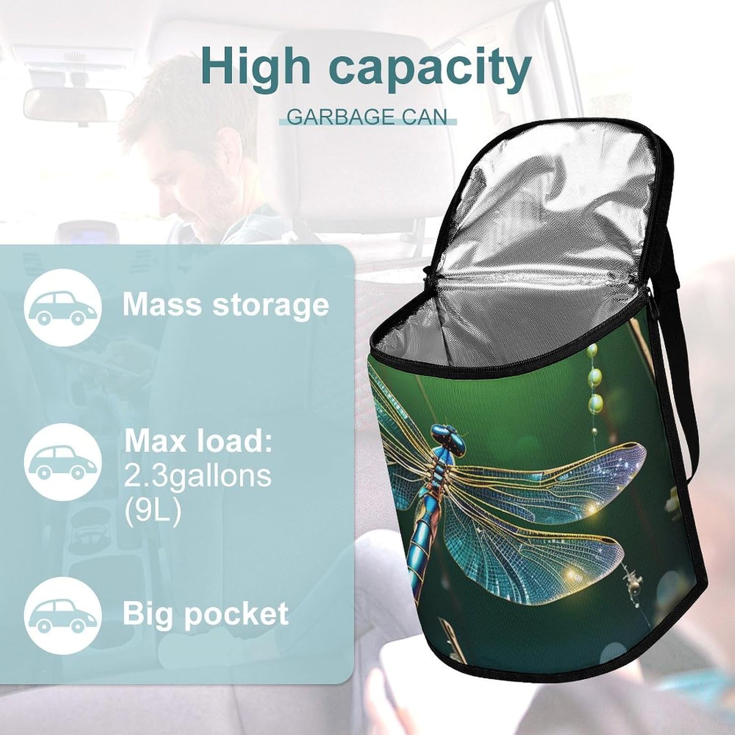 Hanging Car Trash Bag Dragonfly Green Printed Car Garbage Storage Bag Leakproof Car Trash Can Portable Garbage Storage Bags