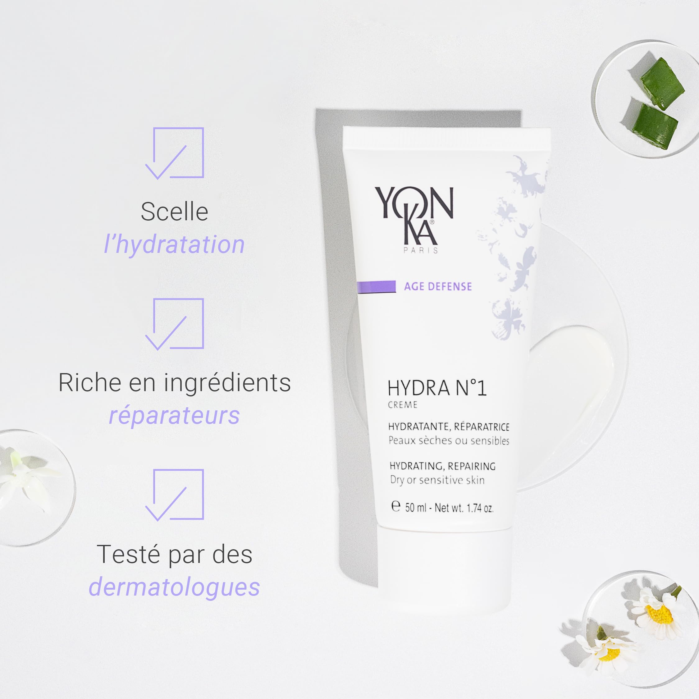 Yonka Hydra N°1 Crème 50ml - Hydratation Intense - Réparatrice, Régénérante et Anti-Rides - Texture Gel-Crème - Jojoba et Aloe Vera - Senteur Rose & Jasmin