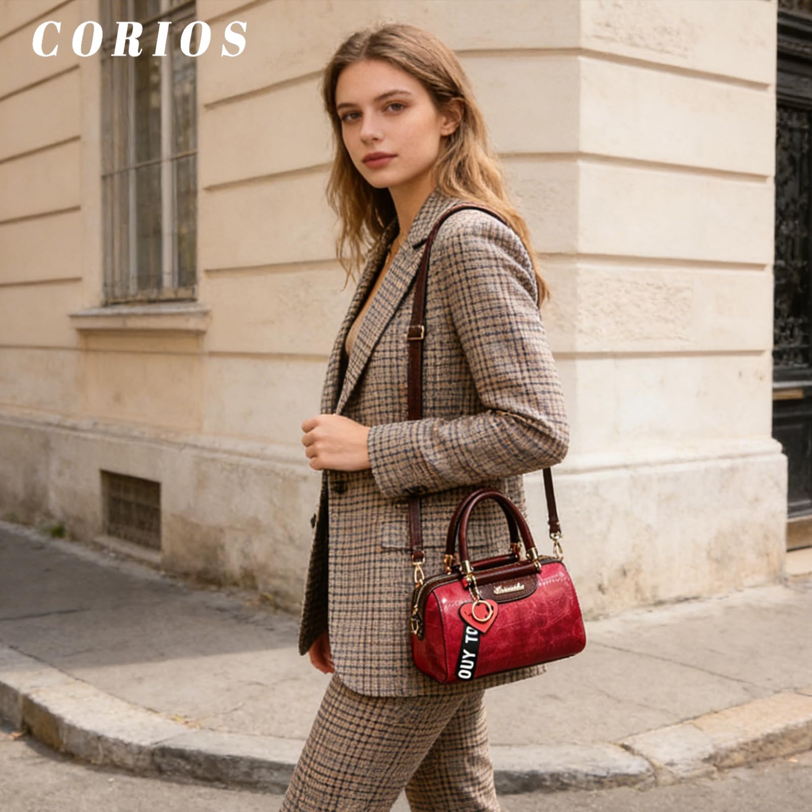 Moda Bolso Boston para Mujer Bolsos de Hombro Bandolera con Colgante Corazón PU Cuero Bolso de Mano Bolso Cruzados con Textura Piedra Elegante Tote para Trabajo Compras Citas Viajes Rojo