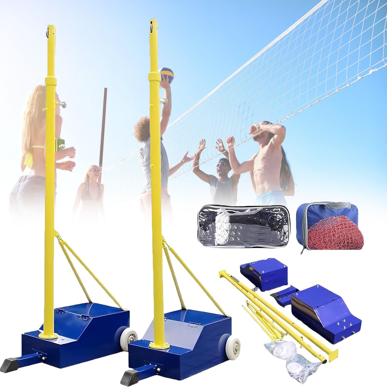 Professionelles Volleyballnetz System, Metall Volleyballpfosten mit Rollen Schwerlast, Höhenverstellbares Badminton-Set für Garten Schule Stadion Outdoor Sport