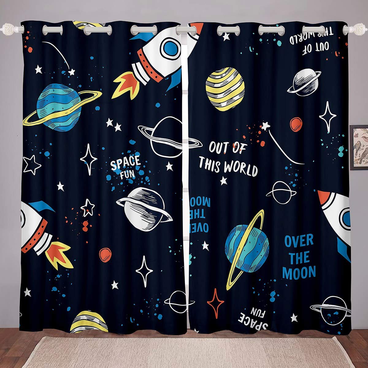 Feelyou Space Curtains for Bedroom Living Room Cartoon Rocket Ship Planets Stars Print Curtains for Kids Boys Girls Outer Space Windows Drapes Universe Theme Room Decoration,38 X 45 Inch,2 Panels