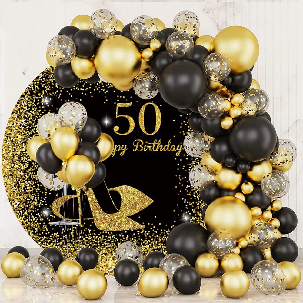 Toile de fond ronde « Happy 50th Birthday » pour femme - 2 x 2 m - Noir et doré - Paillettes - Champagne - Pour photographie - Décoration de fête d'anniversaire - Accessoires de studio photo
