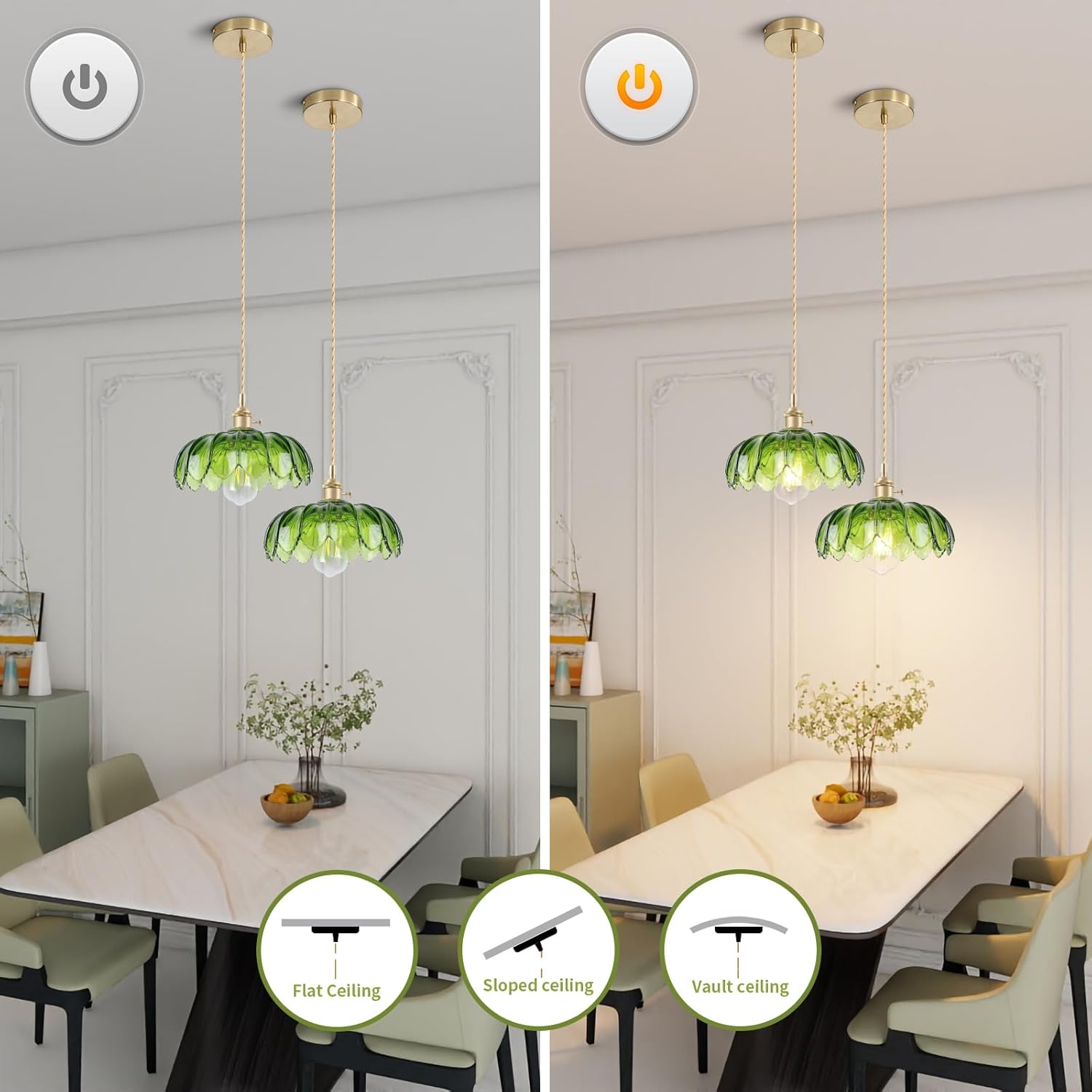 Vintage Pendant Light Green Mid Century Modern Pendant Light with Hand Blown Glass Shade Nordic Style 10" Gold1-Light Farmhouse Chandelier Ceiling Hanging Light fixtures for Dining Room Bedroom