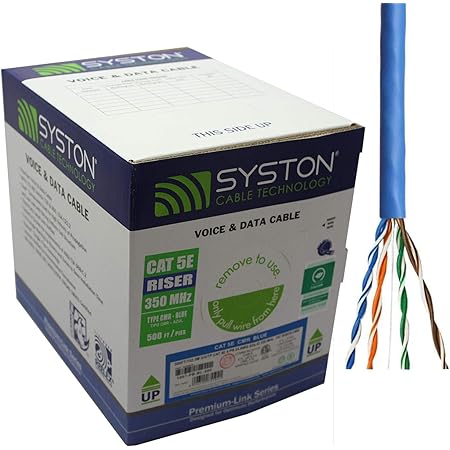 Cat5e Bulk Cable 500ft Pure Copper, 24AWG, 4 Pairs, Solid UTP, 350Mhz, Outdoor/Indoor Heat Resistant, Riser Rated CMR, Blue