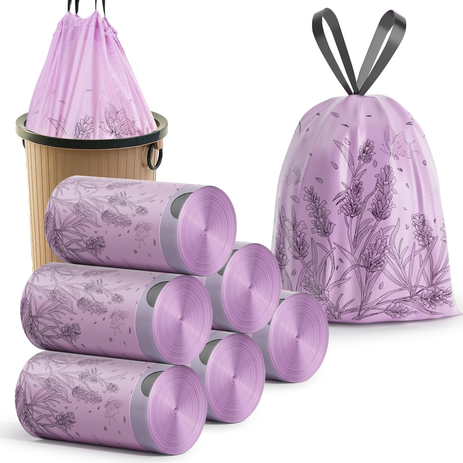 300 sacchetti per la spazzatura profumati alla lavanda, piccoli sacchetti per la spazzatura da 10-15 l, con coulisse, per casa, ufficio, cucina e bagno, lascia il bidone dell'oscillazione profumato di