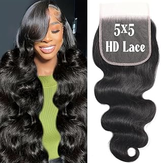 QTHAIR 16A 5x5 Body Wave HD Closure Human Hair Transparent Lace Closure 14inch Top Swiss Lace Closure Brazilian Virgin Hair Body Wave 150% Density Pre Plucked Natural Hairline Baby Hair