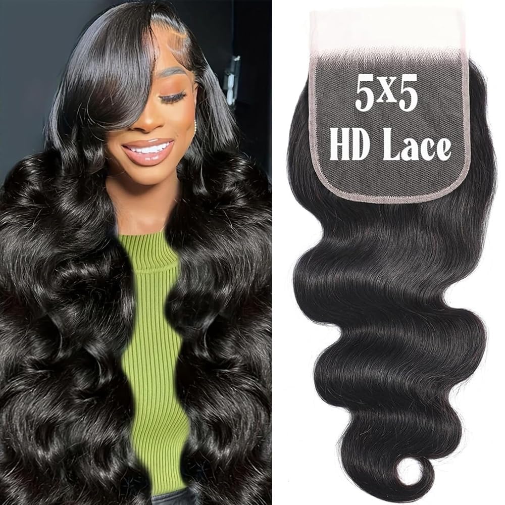 QTHAIR 18A 5x5 Body Wave HD Closure Human Hair Transparent Lace Closure 14inch Top Swiss Lace Closure Brazilian Virgin Hair Body Wave 150% Density Pre Plucked Natural Hairline Baby Hair