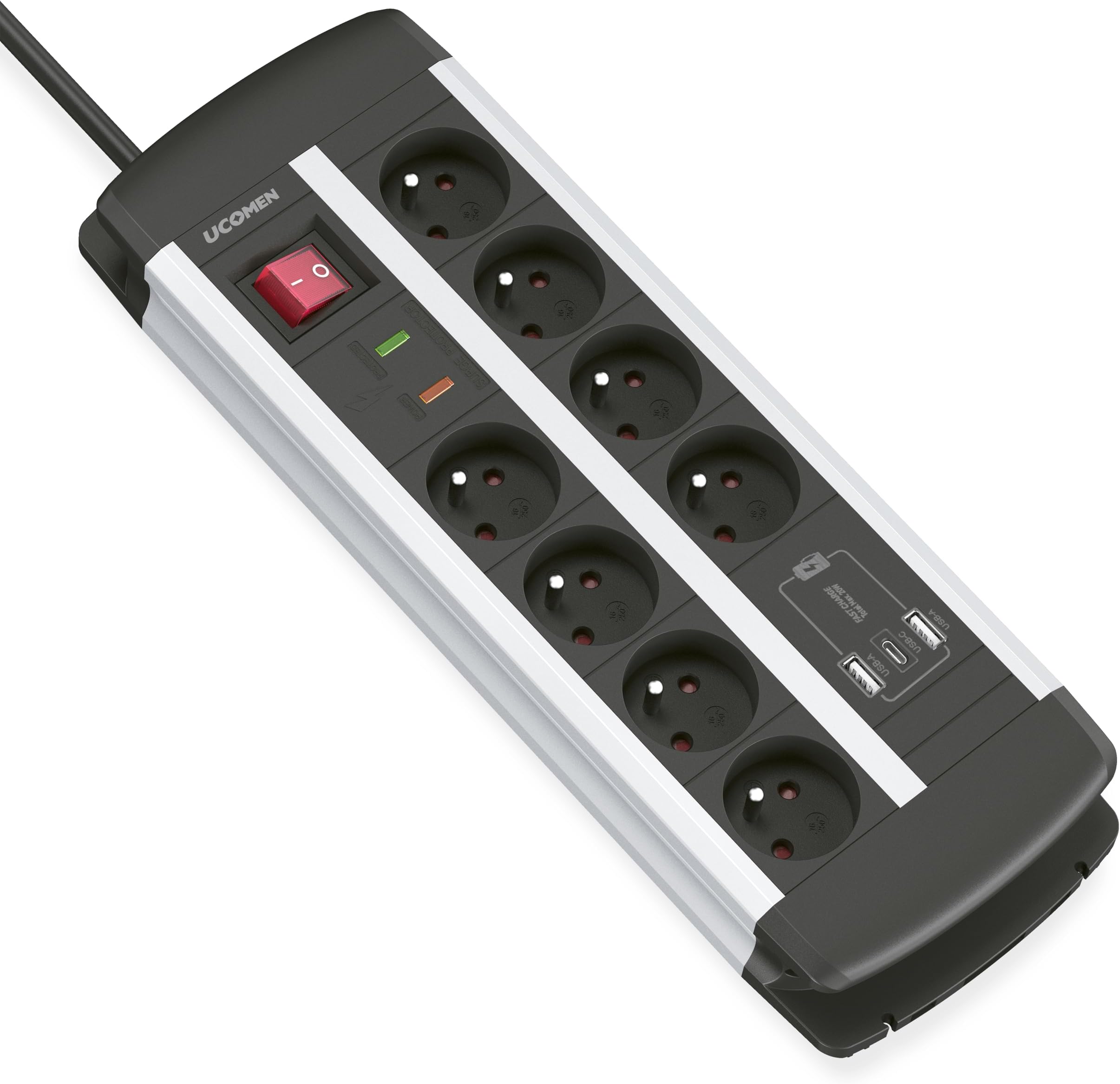 UCOMEN Surge Arrester Power Strip with Fast Charger USB A and USB C 20W, 8 Sockets (3680W 16A) Surge Protector and Surge with Switch, 1.5m Cable, Office Power Strip Type E (FR), Black