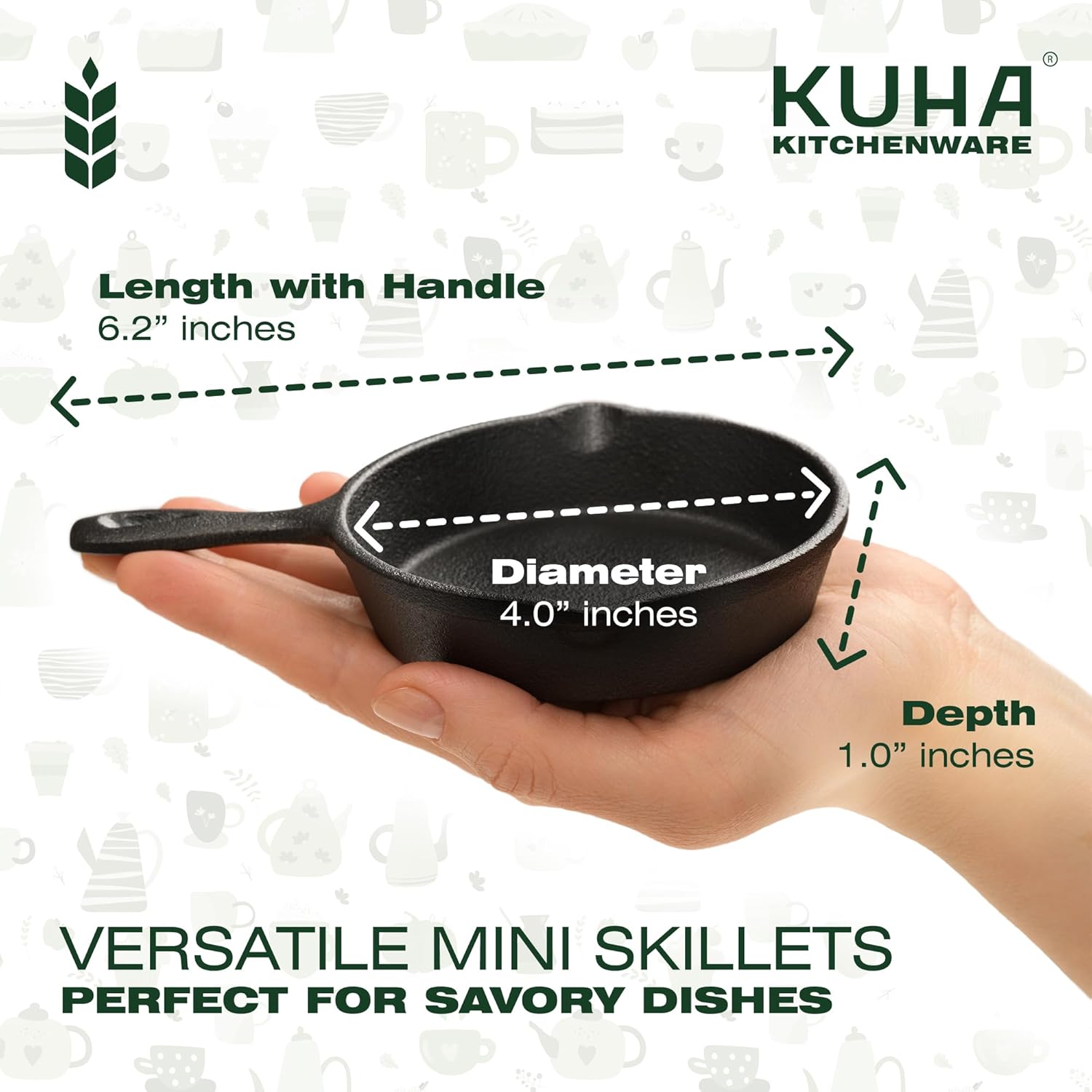 KUHA Small Cast Iron Skillet Set | Pre-Seasoned Mini Cast Iron Skillets for Cookies, Eggs & Desserts | For Baking & Serving | 6 Silicone Trivets & Scraper Included | 4", Set of 6