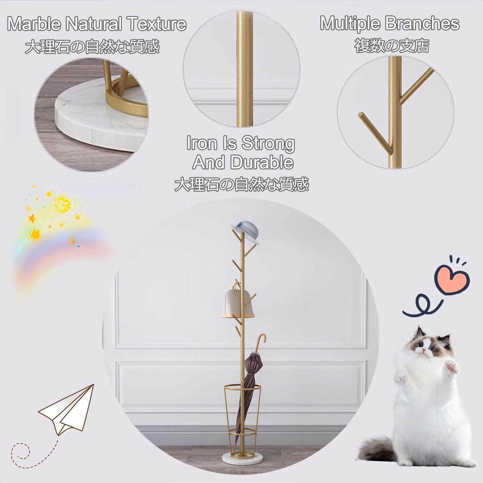 Portaombrelli in metallo con base in marmo e appendiabiti, elegante porta ombrelli da ingresso, design salvaspazio con ganci multipli per nization