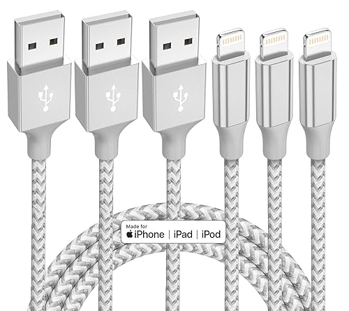 Paquete de 3 cargadores para iPhone, cable trenzado de nailon Lightning de 10 pies con certificación MFi de Apple, cable de carga rápida compatible